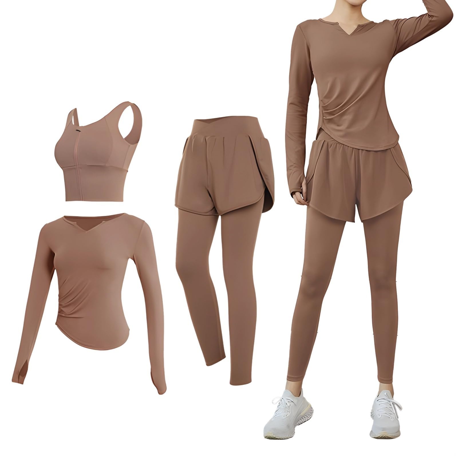Conjunto de entrenamiento de 3 piezas para mujer, tela transpirable y antibolitas, XXL para 135-150, perfecto para estilos de vida activos, Marrón, talla única