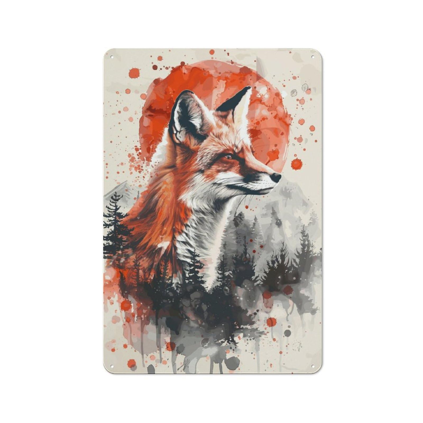 Junmoney Fox Forest Watercolor Rustic Tin Sign 30X20cm For Pub Or Café, For Collectors Building A Themed Wall Display