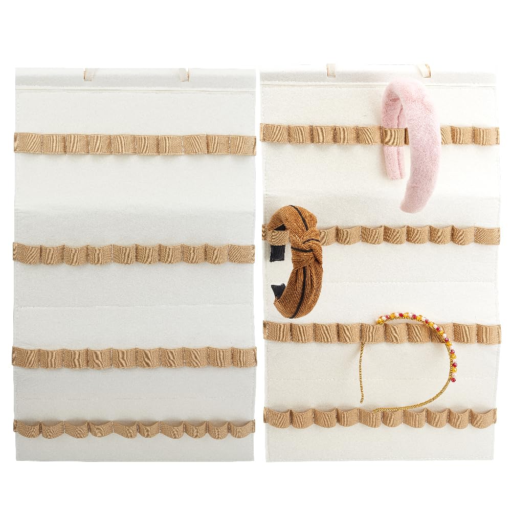 DELORIGIN Felt Hanging Headband Holder with 40 Elastic Bands Bow Hanger White Wall Headbands Display Organizer Ribbon Hair Hoops Storage Hairbands Hair Accessory Holder for Home Women Hair Bows