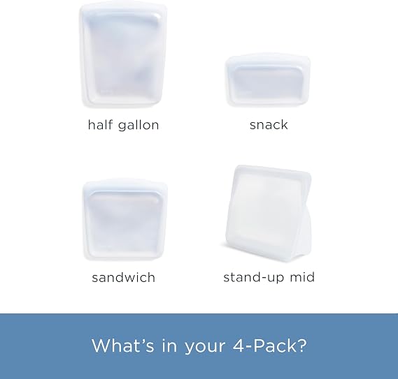 Stasher Premium Reusable Silicone Food Storage Bags, 4-Pack, Clear | Food-Safe Silicone, Eco-Friendly, Reusable Freezer Bags, Microwave, Dishwasher, Oven, Snack Bags, Lunch Containers, Meal Prep