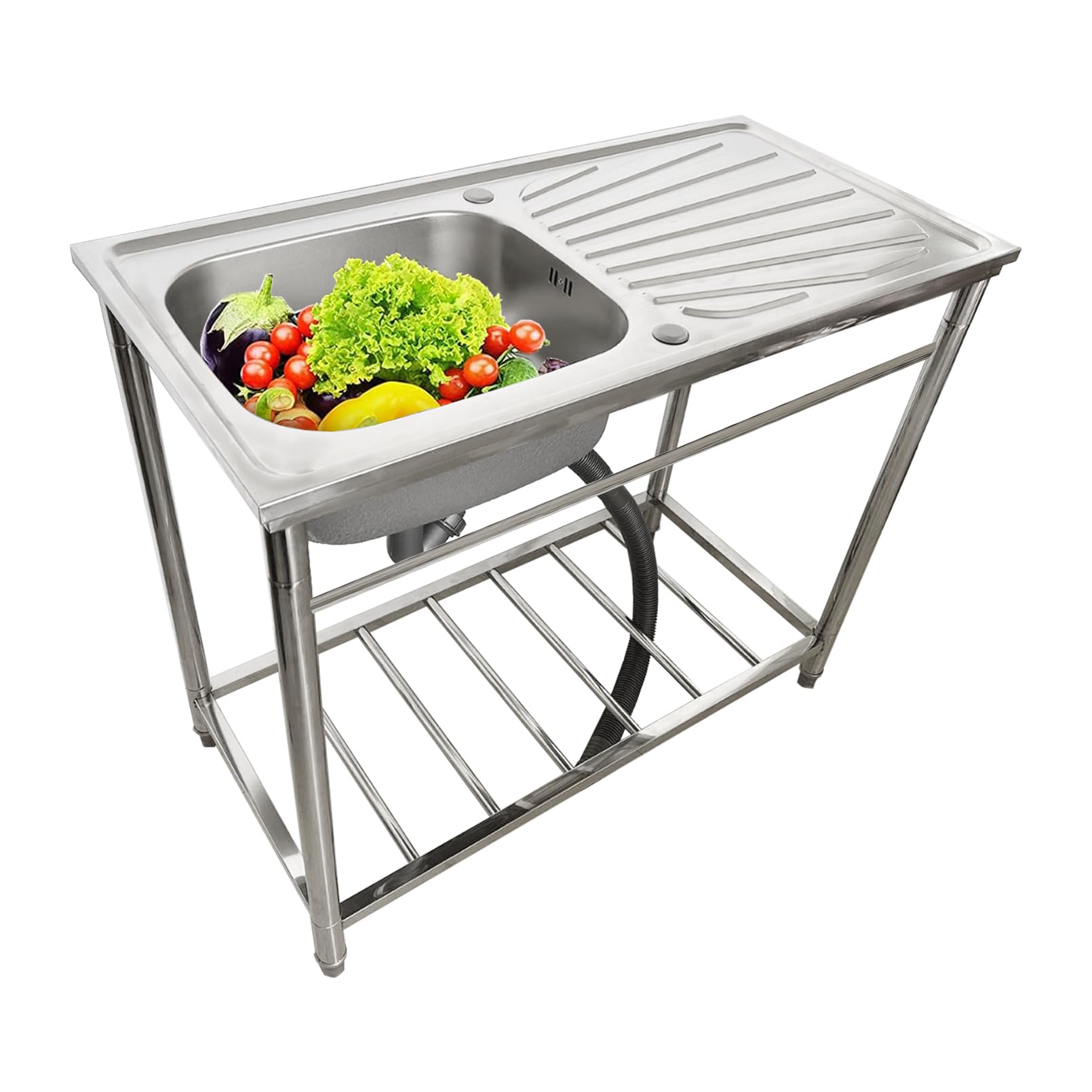 CZYWKDDPP 304 Stainless Steel Utility with Drainboard & Faucet, Free Standing Washing Hand Basin 1 Compartment Workbench Commercial for Restaurant, Laundry Room, Backyard, Garages