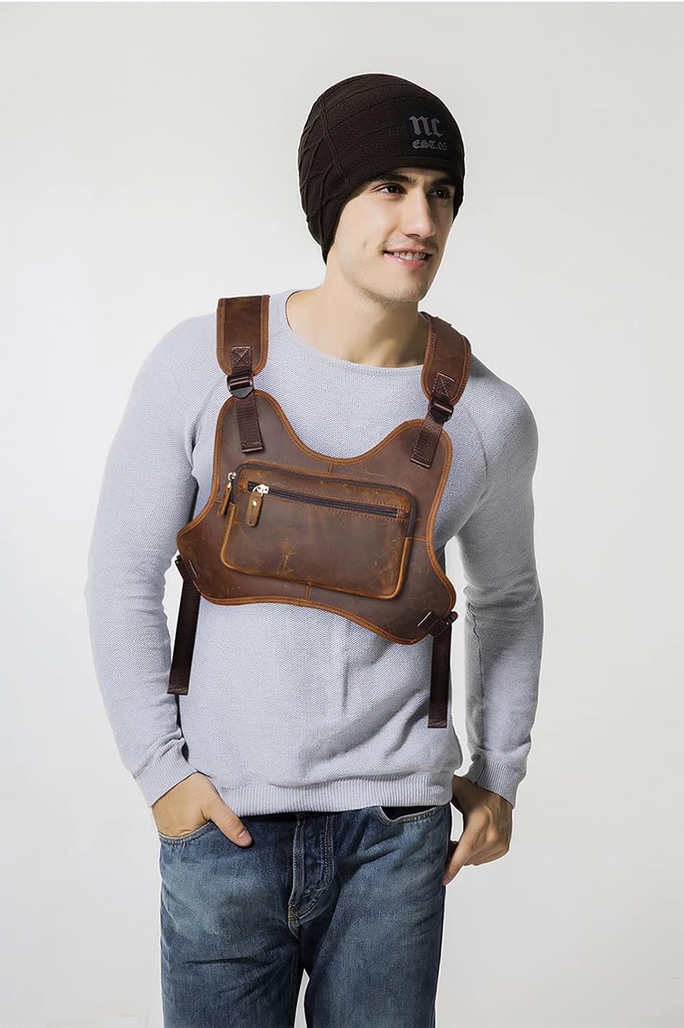 Le'aokuu Hands Free Tactical Chest Rig Bag Walkie Talkie Vest Harness Radio Holster Holder for Men 291 (Brown)