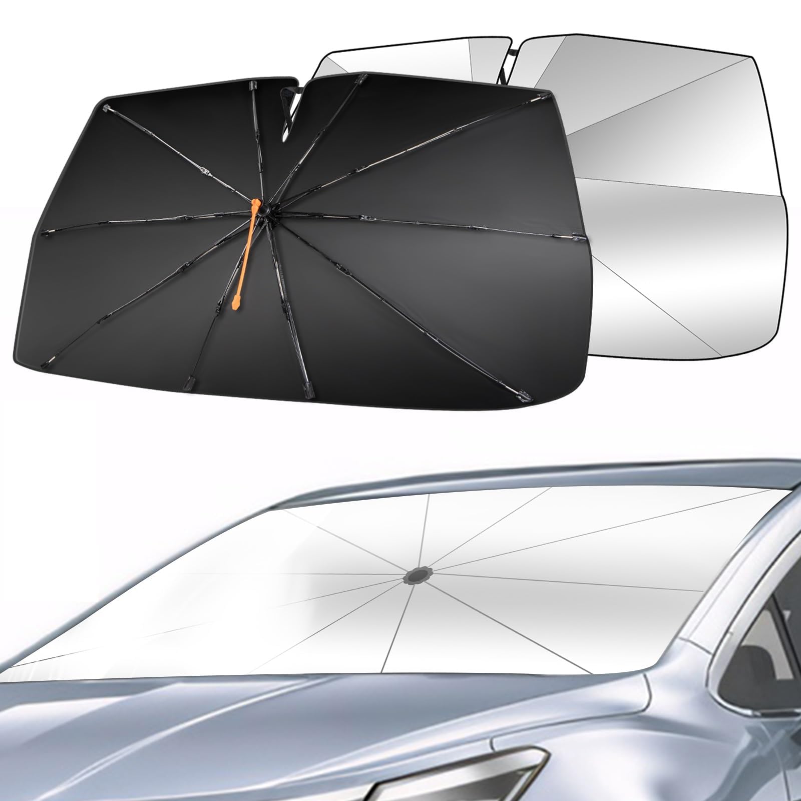 Parasole Parabrezza Auto 360° Rotante con Design a Molla Pieghevole 10 Nastri Protezione Solare Blocco UV Anteriore 140 * 74 cm