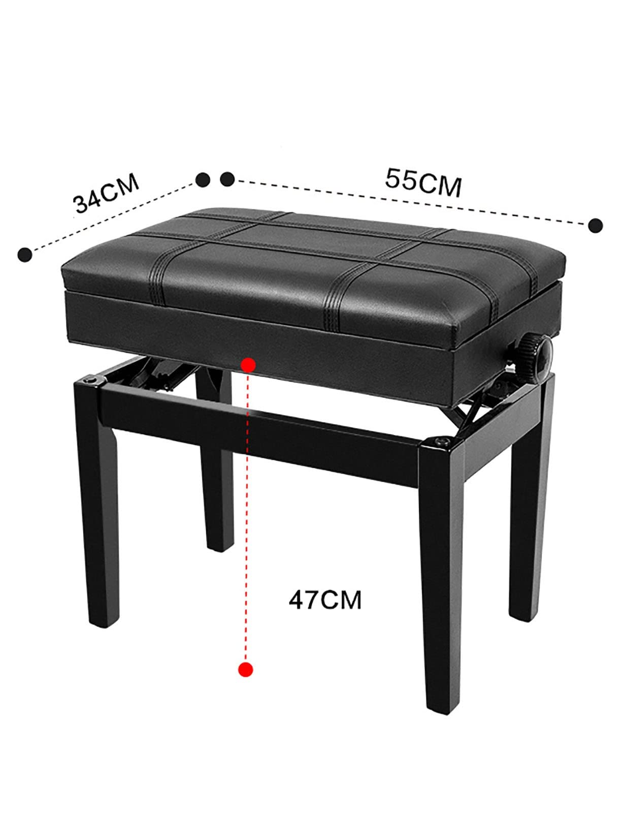 Panca per pianoforte con regolazione in altezza di 10 cm, 55 x 34 x 47 cm, 57 cm, capacità 180 kg, ideale per la pratica del pianoforte, teak/nero