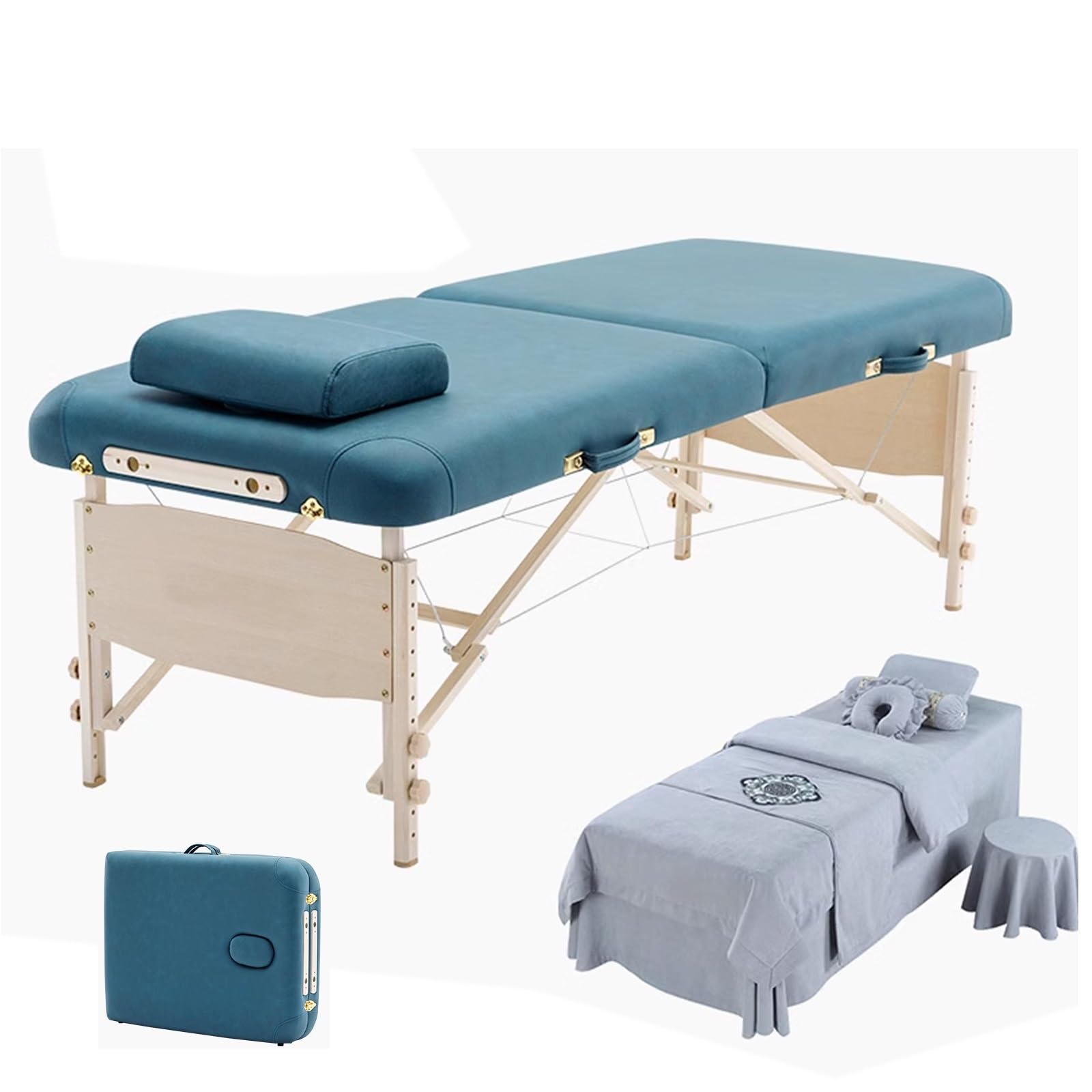Lettino da Fisioterapista Portatile Lettino per Tatuaggi in Legno Massello Ad Altezza Regolabile Ergonomia Portatile Lettino Massaggio con Copriletto(Blue)
