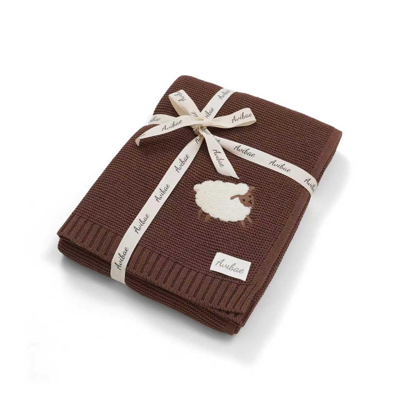 Avibae Men's Coffee Cotton Baby Blanket For Newborns, Receiving Knit Blanket For Pram, Cot & Car Seat With Cute Lamb Pattern 100X80cm