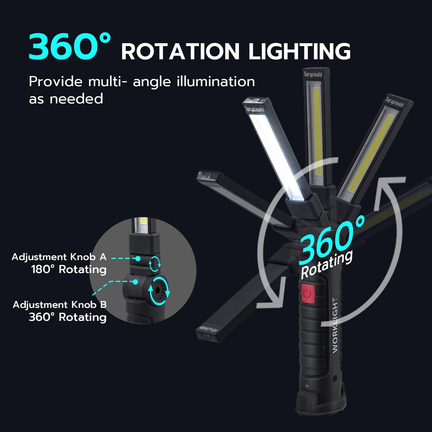 Lampa warsztatowa LED, składana, ładowalna latarka USB z 5 trybami świecenia, obracana o 360°, reflektor LED z magnesem i hakiem do naprawy samochodu na kempingu (2 sztuki)