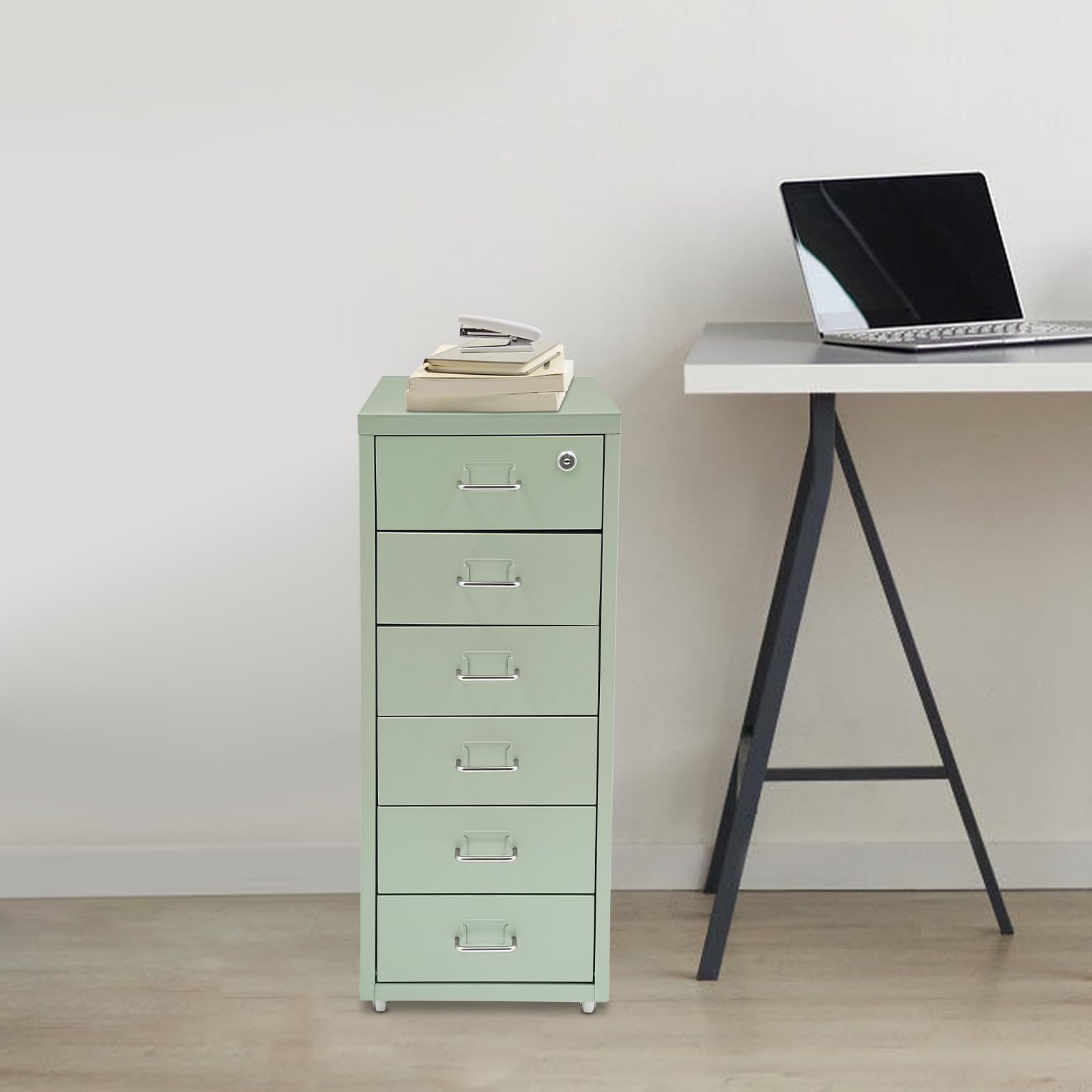 Archivador de metal verde de ternera de 6 esquinas con cerradura, rodante debajo del escritorio, archivador extraíble para uso doméstico y oficina
