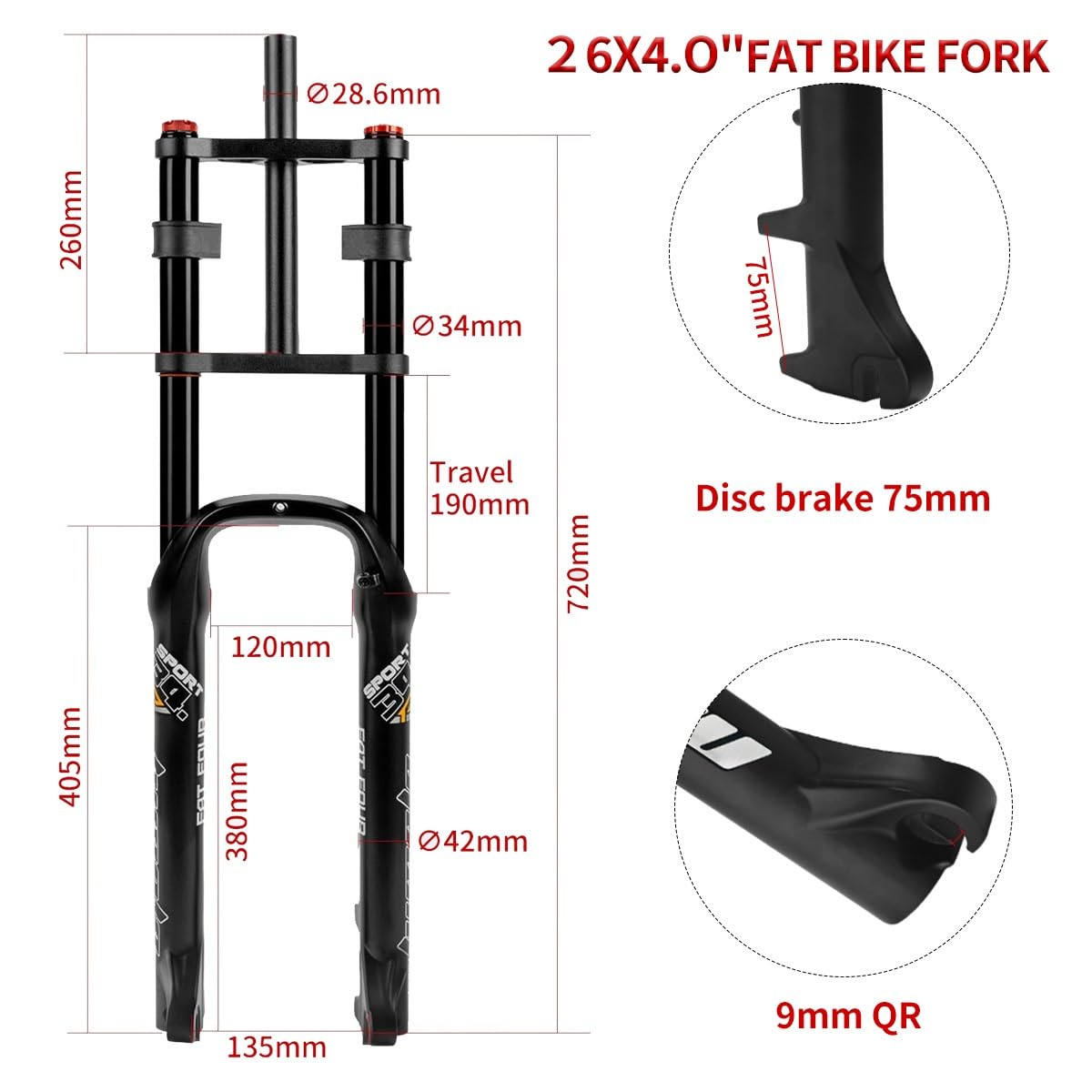 Forcella Anteriore Bici Elettrica 26x4.0 QR 135 Mm Freno A Disco