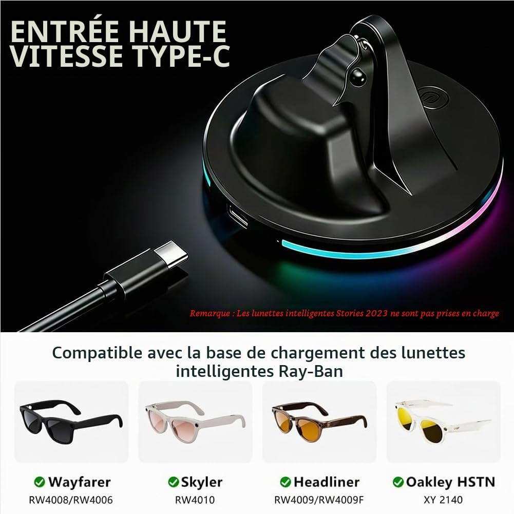 Support de Charge & Câble Compatible avec Les Lunettes Meta Ray-Ban, Portable pour Wayfarer Compatible avec Les modèles Wayfarer Skyler avec indicateur LED et câble de Charge USB-C (Nero-RGB)