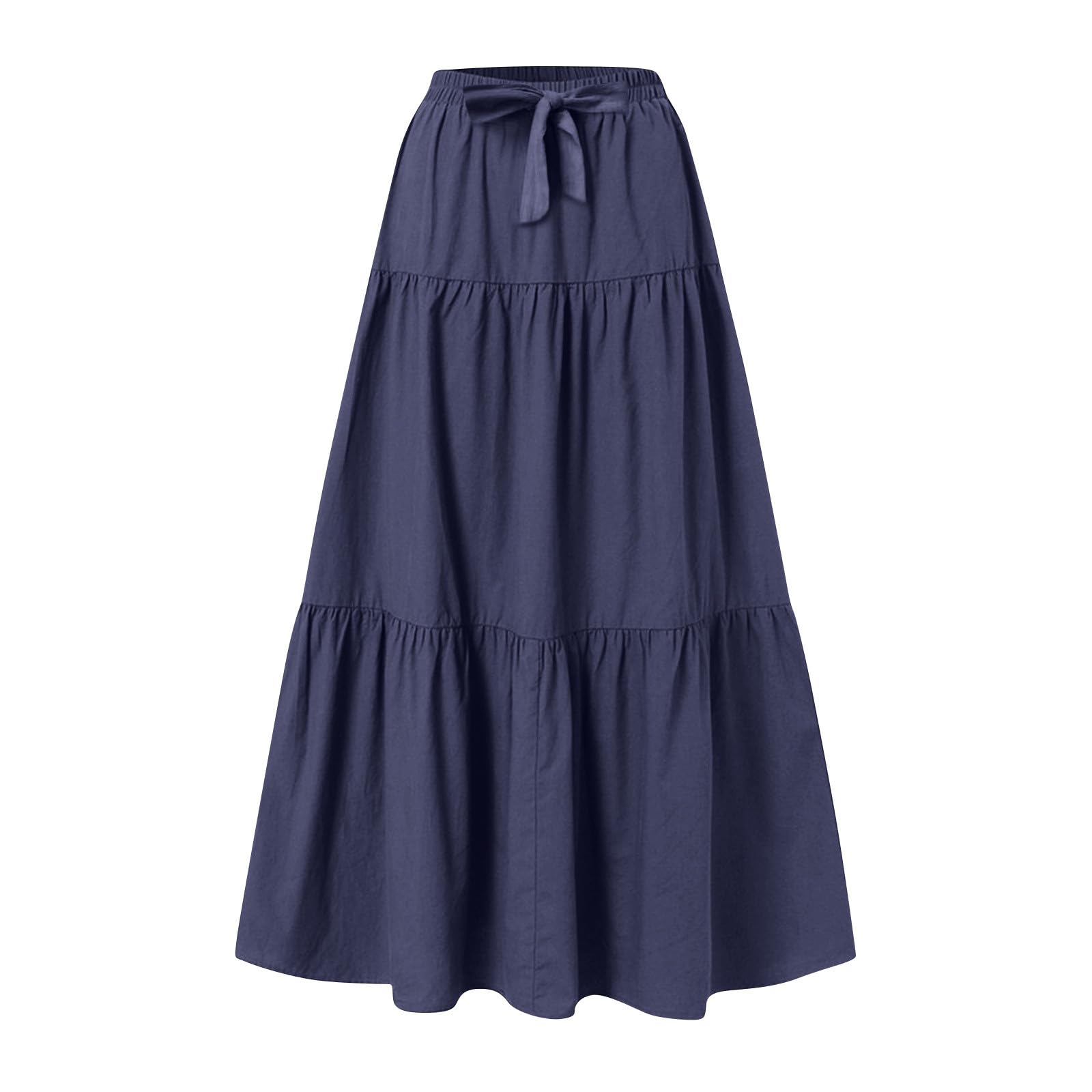 Linen Maxi Skirts for Women 2025 Casual Summer Tiered Long Pleated Skirt Comfy Elastic Waist Beach A Line