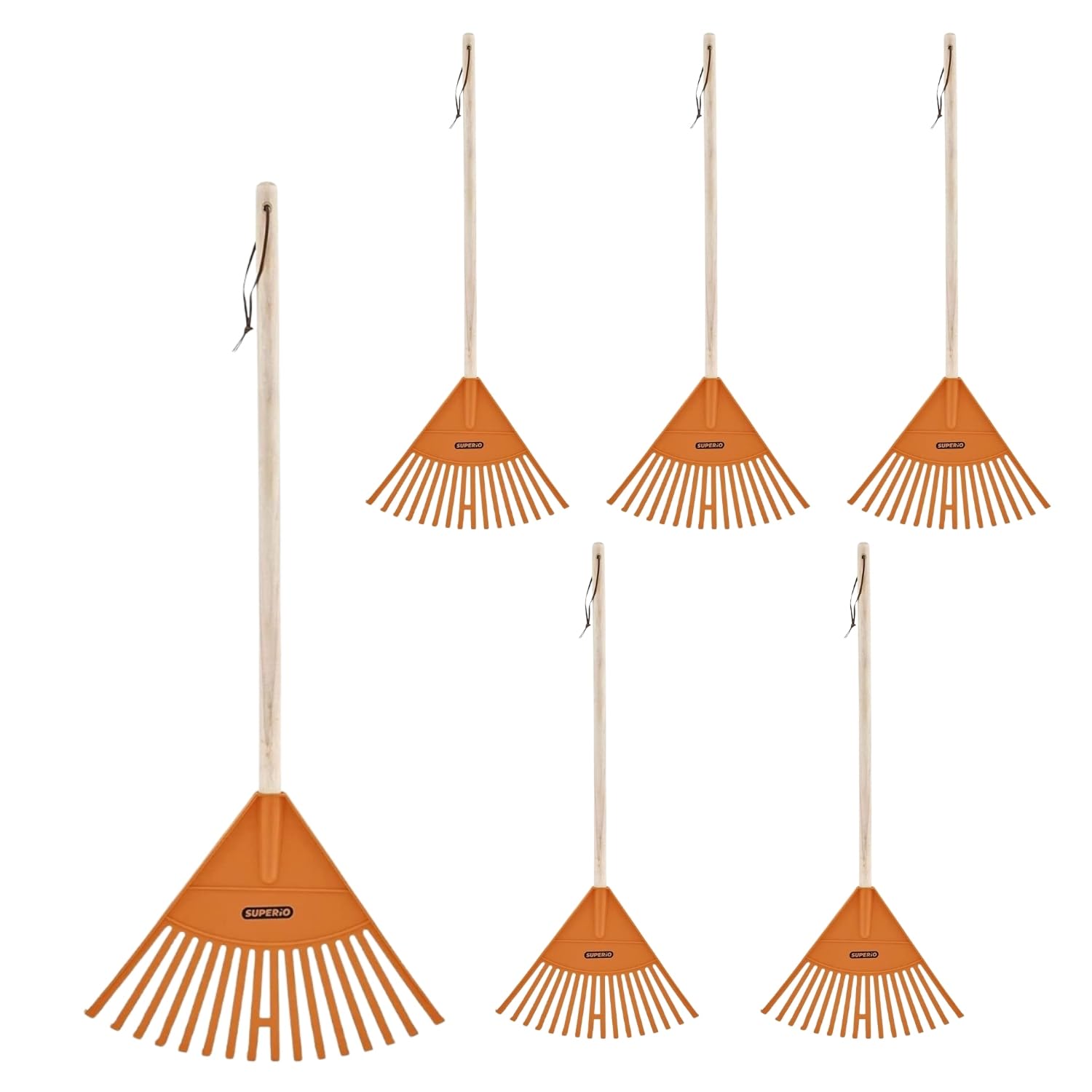 Superio Kids Leaf Rake, 34-Inch Lawn Rake with Hardwood Handle &amp; Durable Plastic Head for Yard, Garden &amp; Leaf Cleanup, Orange, 6 Pack