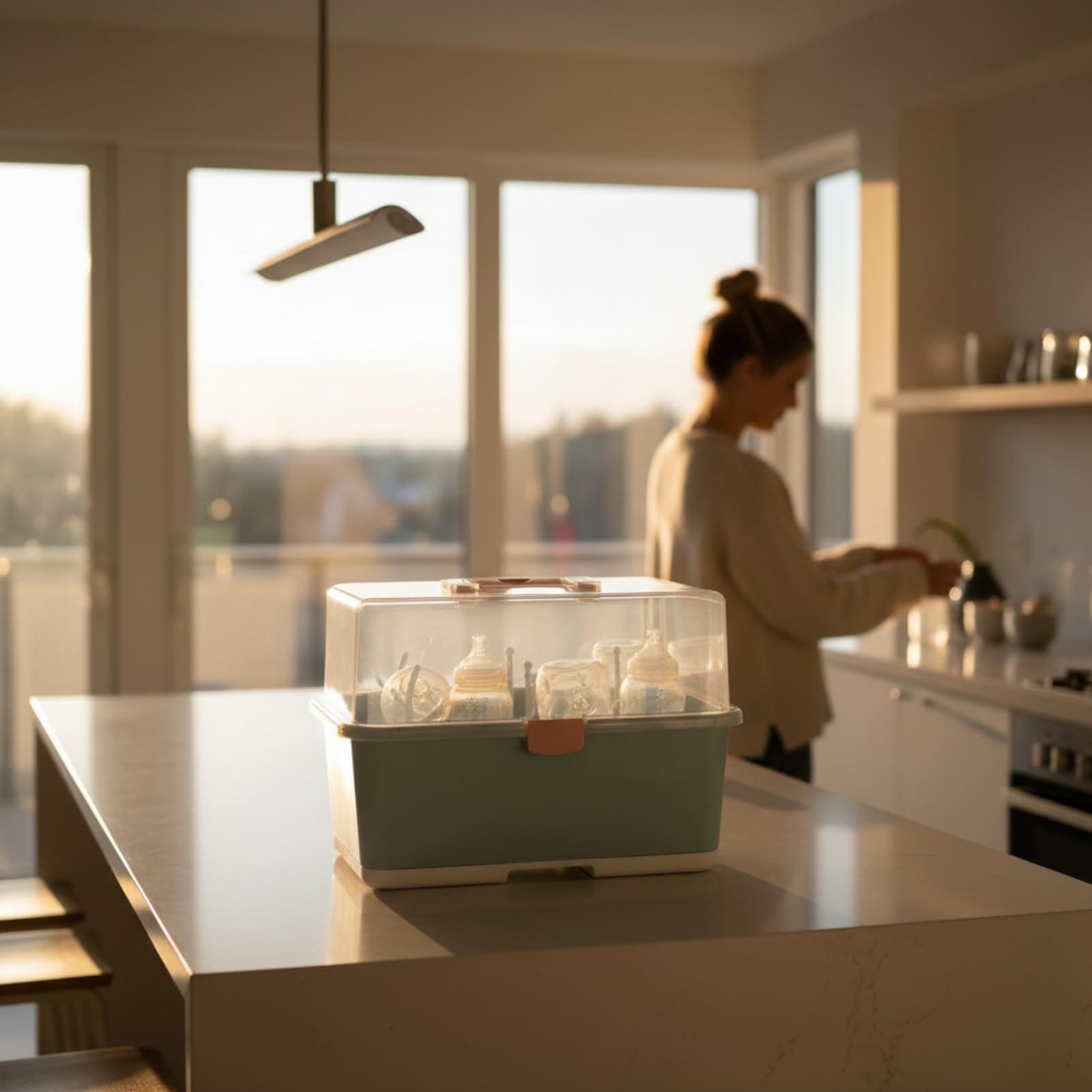 Babyflaschen-Wäscheständer, Aufbewahrungsbox, Organizer mit Staubschutzhülle für das Zuhause von Babys und Kleinkindern (Olivgrün)