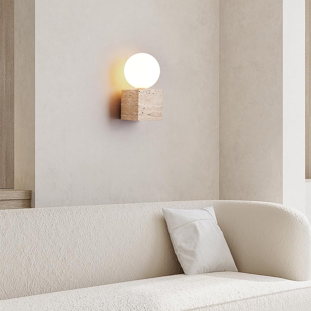Nordic Industrial Style Wall Light, G9 Base Flush Mount Yellow Travertine Glass Sconce, Single Head Minimalist Lamp, Bedside Living Room Balcony Mounted Fixtures