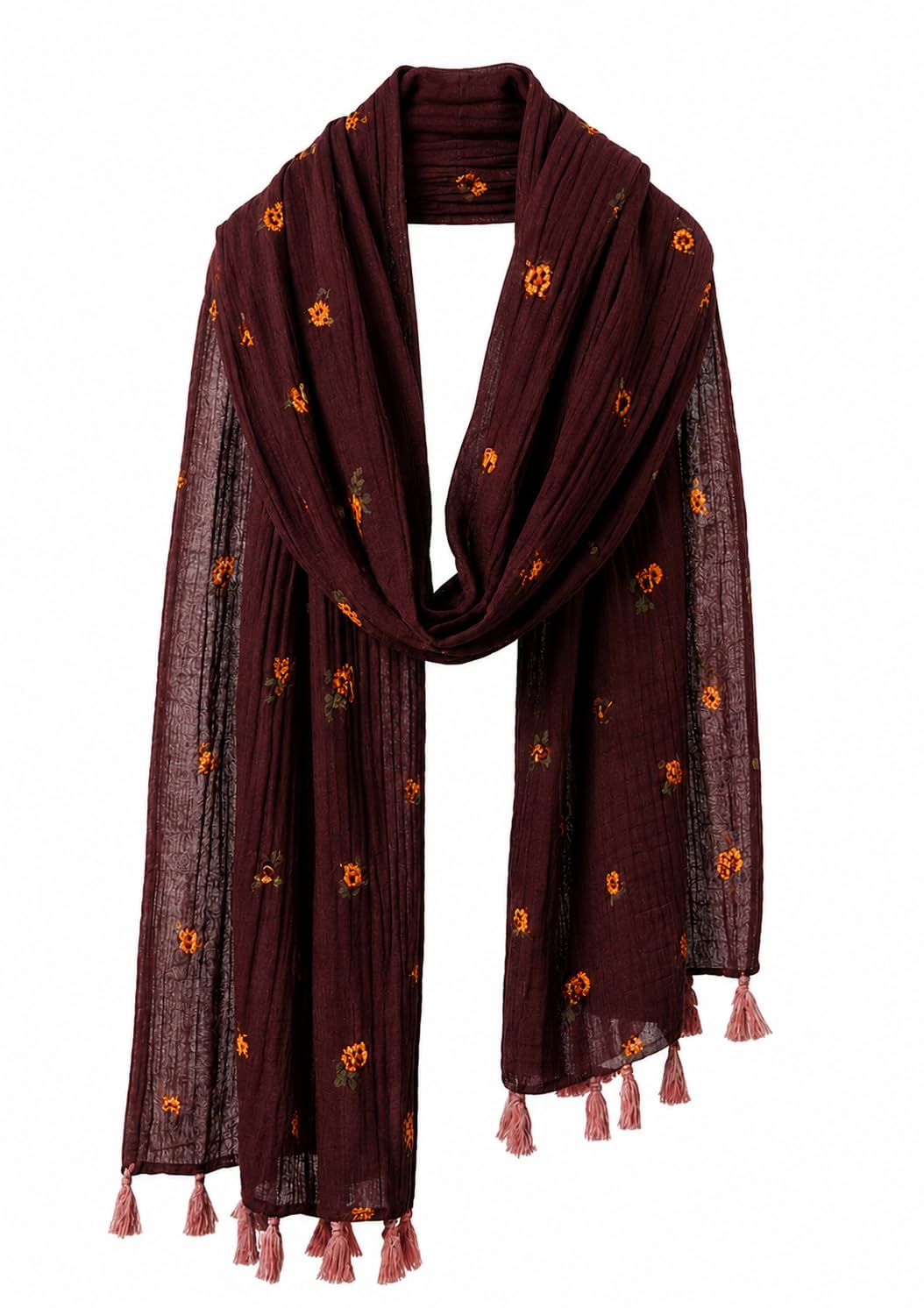 Burgundy Floral Print Crinkle Scarf with Tassel Trim-picture-19