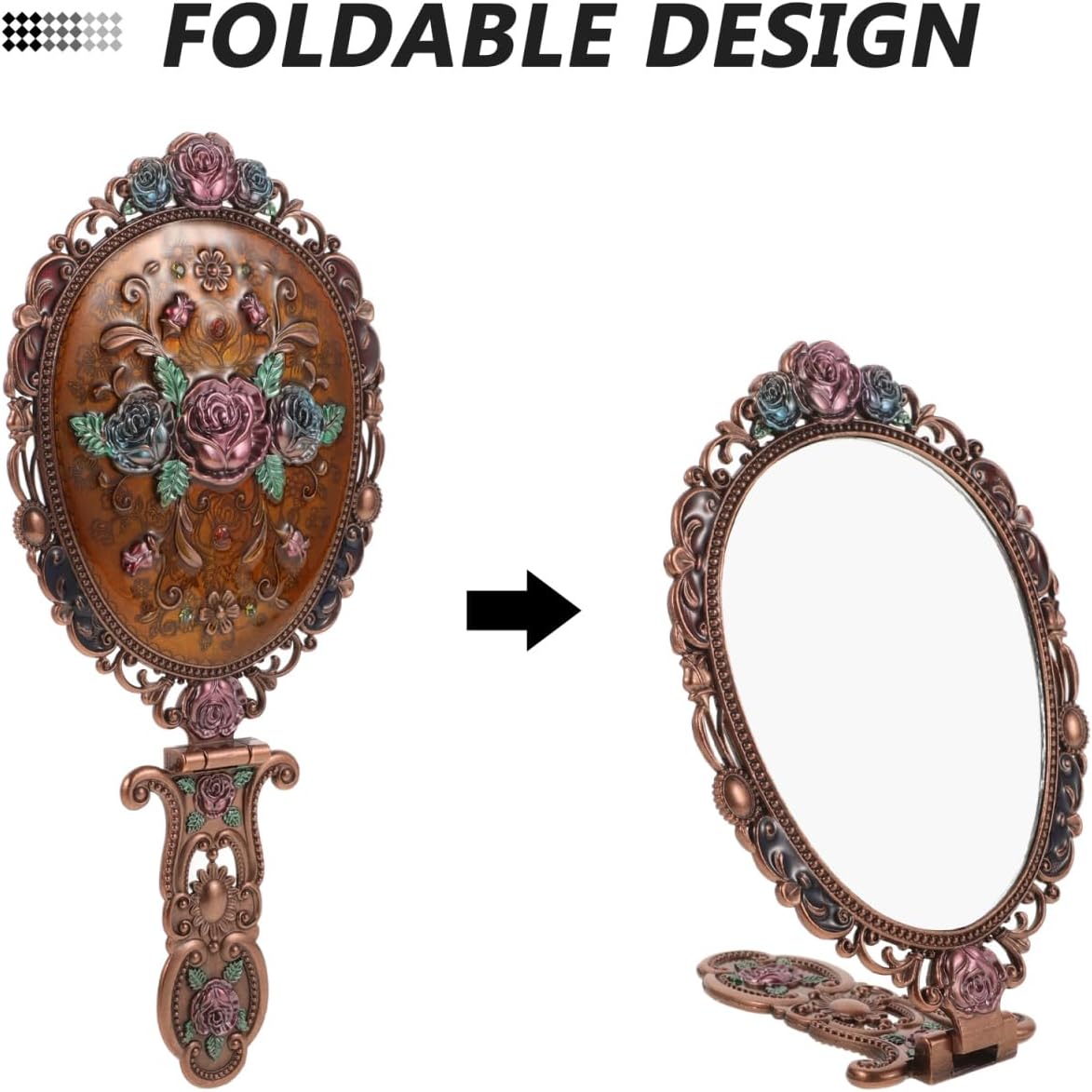 NOLITOY Vintage Handheld Makeup Mirror Foldable Compact Mirror for Travel Portable Cosmetic with Handle 8.66X3.93X0.70In