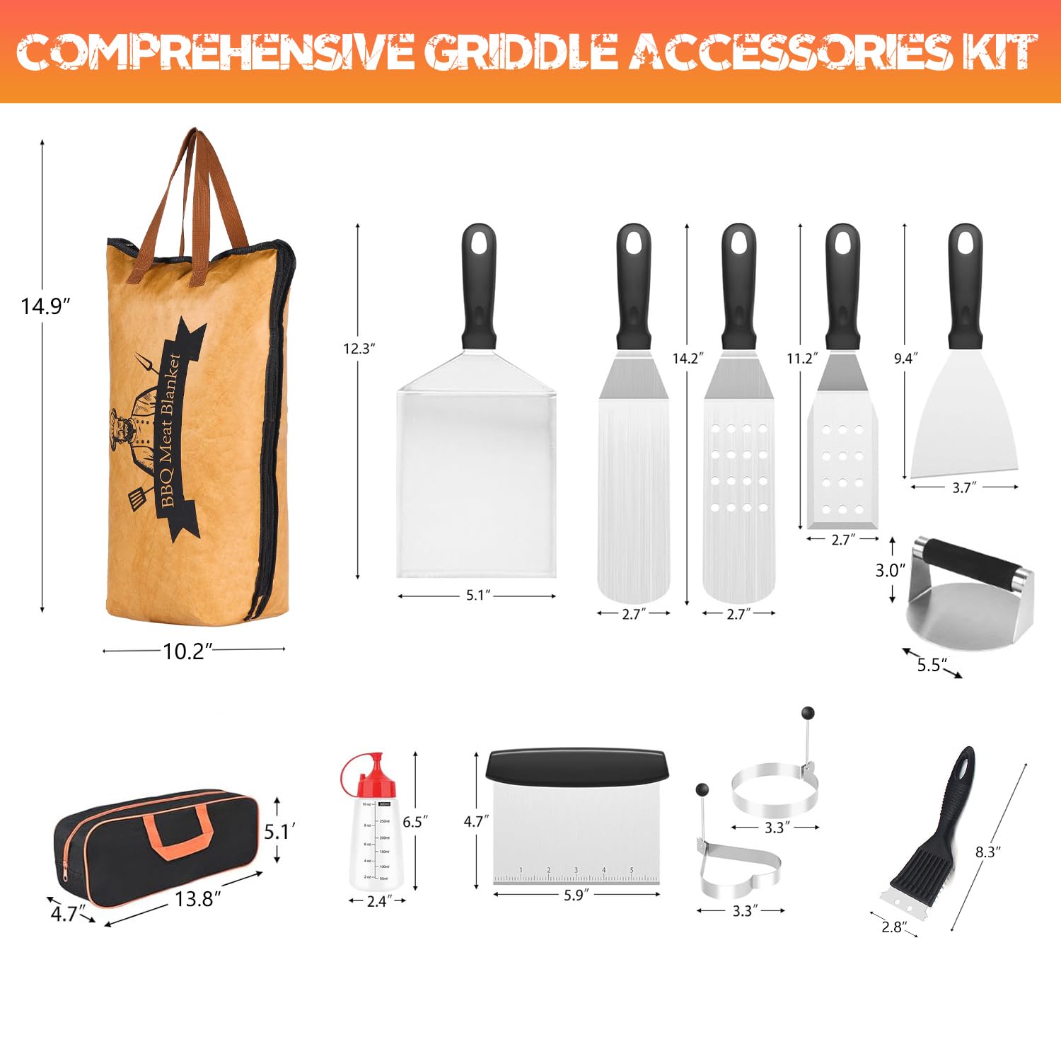 Kit profesional de accesorios para parrilla de barbacoa, juego de herramientas de parrilla de acero inoxidable de 14 piezas con funda de transporte