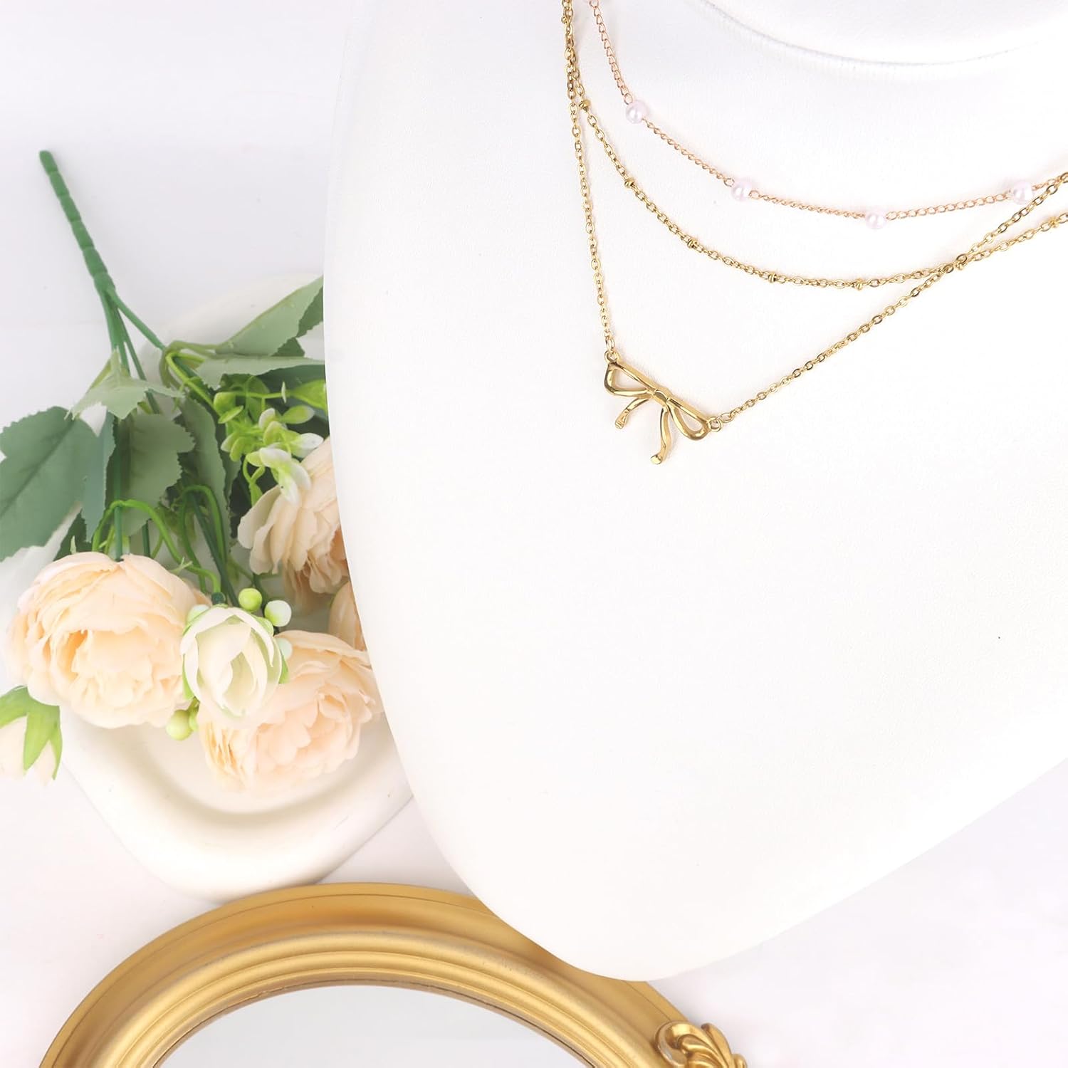 3Pcs Gold Necklace for Women, Bow Necklace Pearl Choker 14K Plated Layered Gold Necklaces Stack Chain Dainty Cute Trendy Women's Jewelry Gifts - Image 3