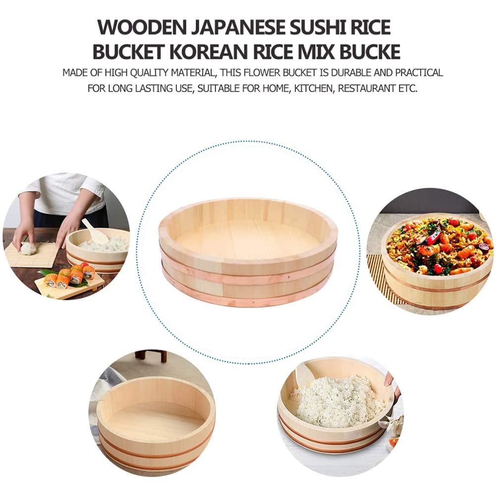 Duża japońska miska na ryż sushi drewniana Hangiri Sushi Oke miska do mieszania ryżu miedziane taśmy do sushi restauracji kuchni pojemnik na miski ryżu, 42 x 10 cm