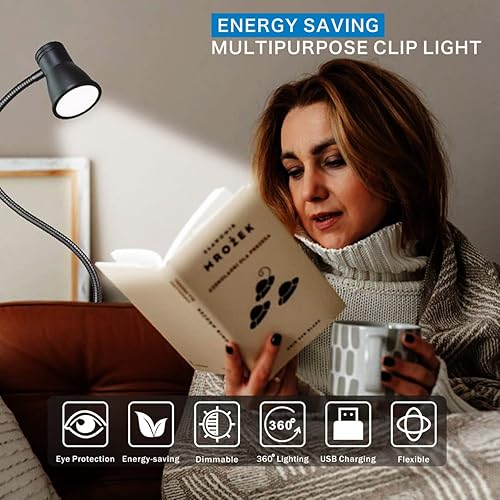 Miniatura 7 de KNAMKY Lámpara de escritorio LED USB con clip, 3 modos de luz, 10 niveles de brillo regulables, luz de libro para cuidado de los ojos, lámpara de