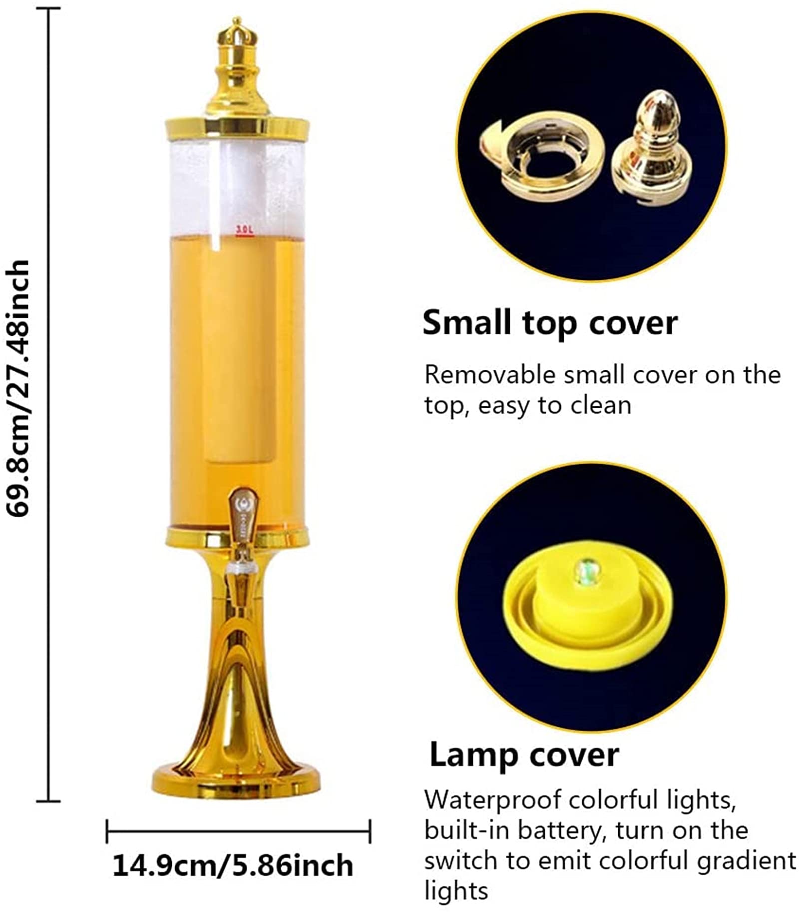 SXA Dispenser per Bevande A Torre di Birra 3L con Tubo di Ghiaccio E Luci A LED per Bar A Casa Home Party Buffet Restaurant