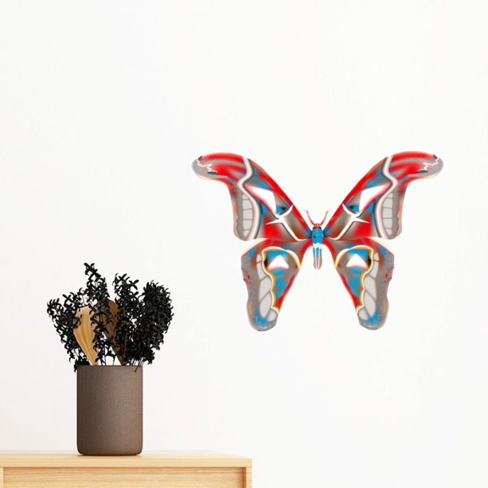 Papillon 3D bicolore rouge et bleu grand sticker mural design poétique 50cm