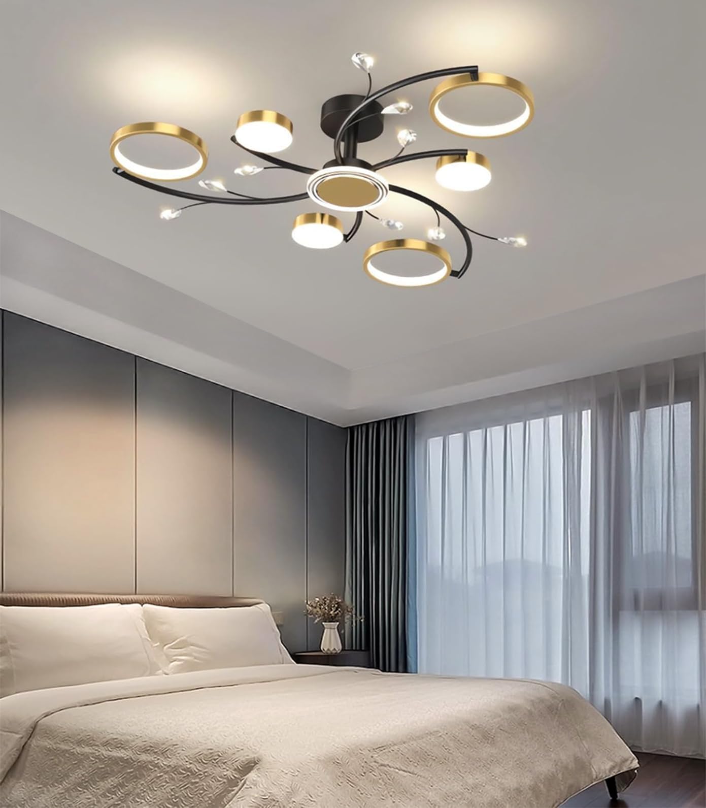 Moilsren Modern LED Ceiling Light Living Room, Flower Dimmable Flush Mount Ceiling Lamp Remote Control Ceiling Light Black and Gold Chandelier for Bedroom, Living Room Dining Room (6 Heads)