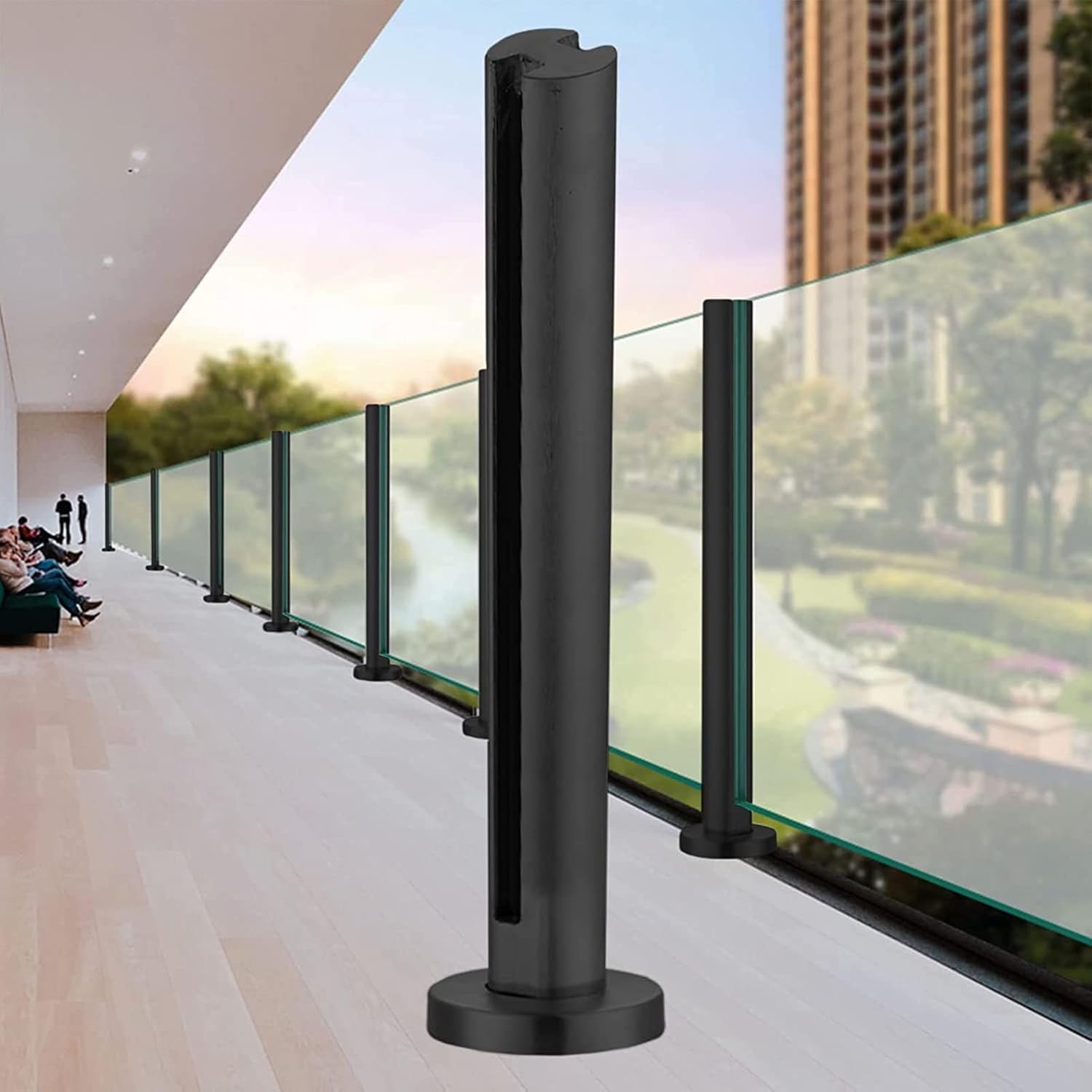 Black Round Glass Panel Fencing Post, Metal Balustrade Column for Indoor/Outdoor Glass Railings, Square Base, Fits 10-12mm Thick Glass, 120cm Height (Mid Post)