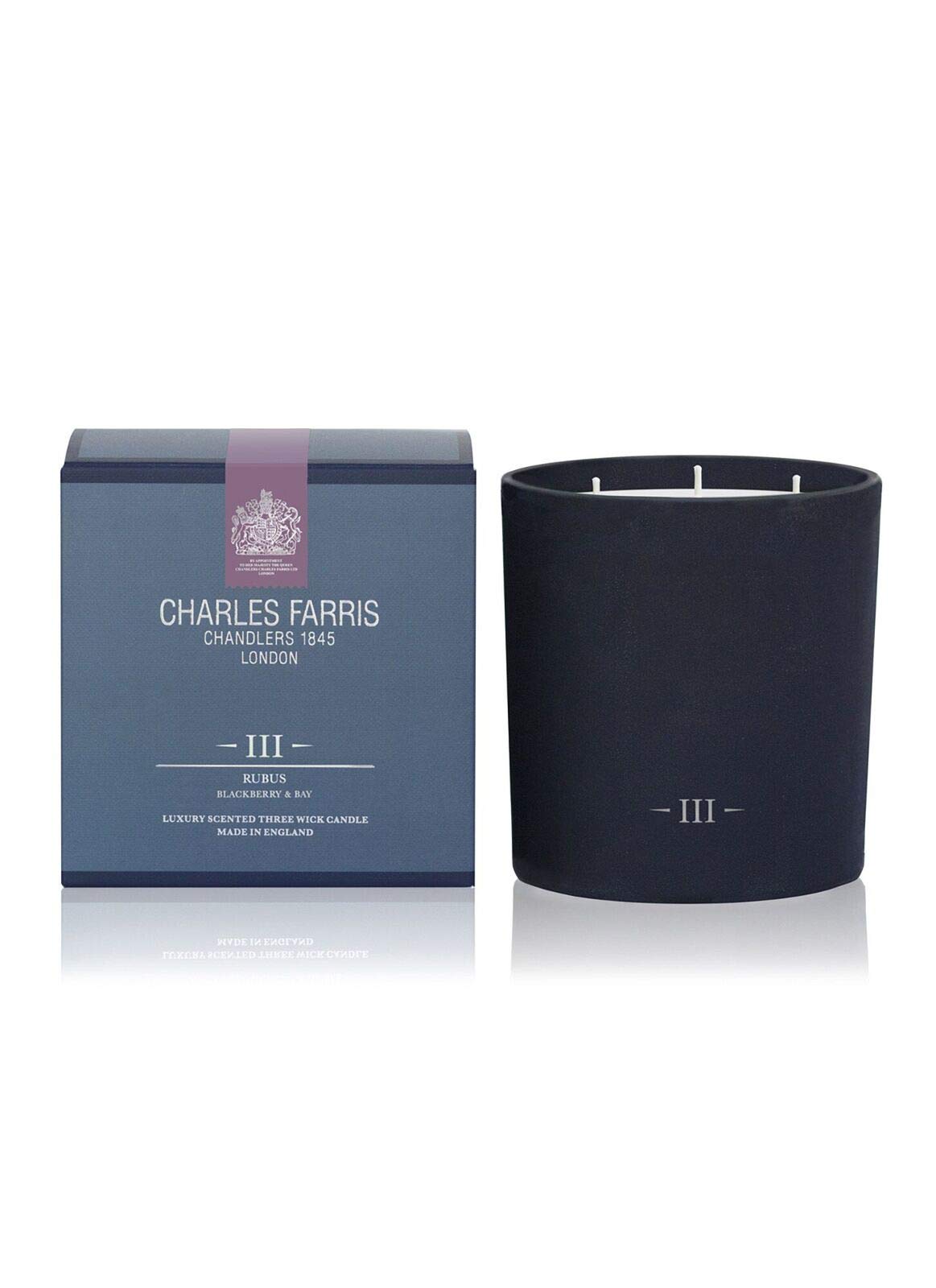 Charles Farris Rubus, Luxury Three Candle in Textured Blue Glass Jar - Aromatic Bay Blended with Sharp Blackberry, Crisp Green and Herbal Notes