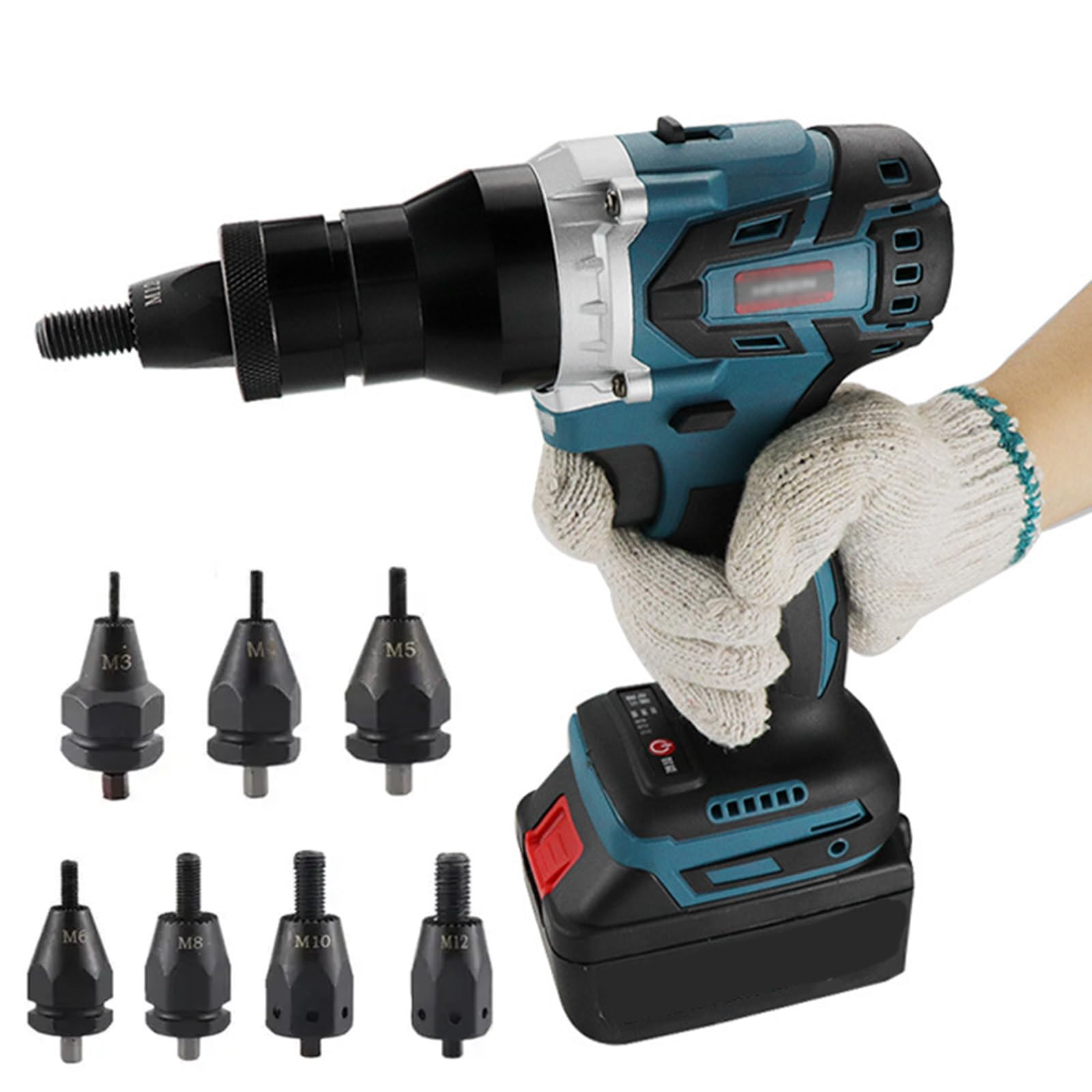 Pistola Remachadora eléctrica inalámbrica, Pistolas remachadoras automáticas, Herramienta Manual de Tuerca Remachadora automática LED con batería de 5.2 Ah, para Tuercas M3/M4/M5/M6/M8/M10/M12