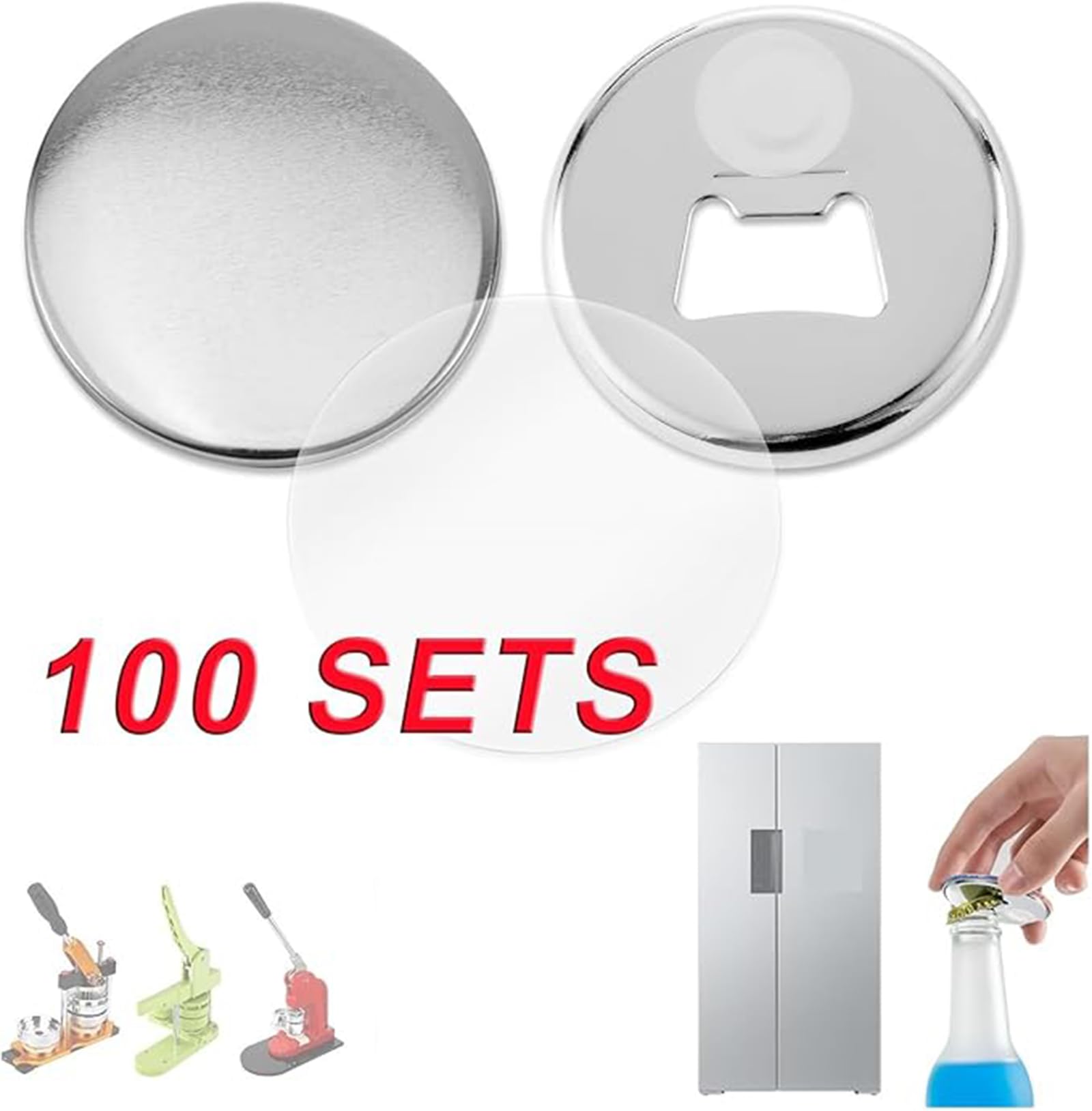 100 Piezas Repuestos DIY Abrebotellas Magnético 58mm, Material Redondo para Máquina Fabricar Insignias y Pines