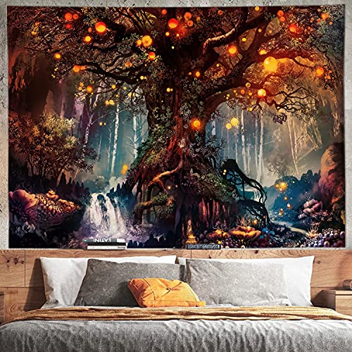 Fantasie-Pflanze, magischer Wald, Wandteppich, großer Flanell-Lebensbaum im Wald mit Fluss, Schlafzimmer, Wohnzimmer (150 x 200 cm) Cover