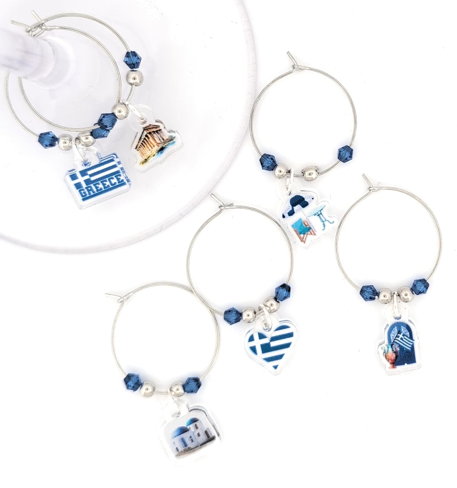 Pixie Greece Wine Glass Charms, Greek Gift 6 Piece Set – Santorini & Parthenon Glass Tag Identifiers, Greek Flag, Greece Theme Party Favors - Acrylic
