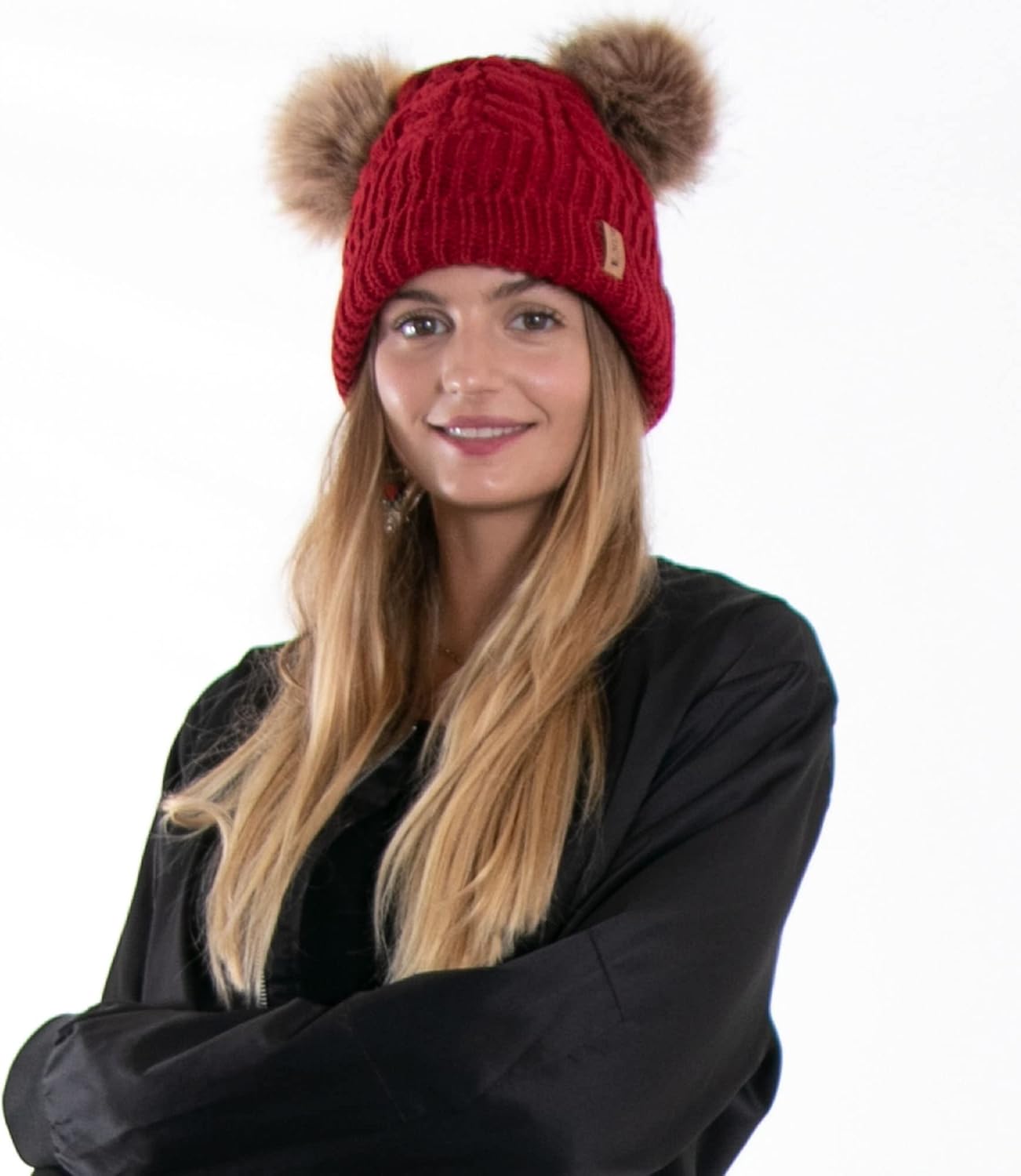 Arctic Paw Pom Pom Beanie Cable Knit Fleece Lined Winter Beanie Women Hat - Image 2