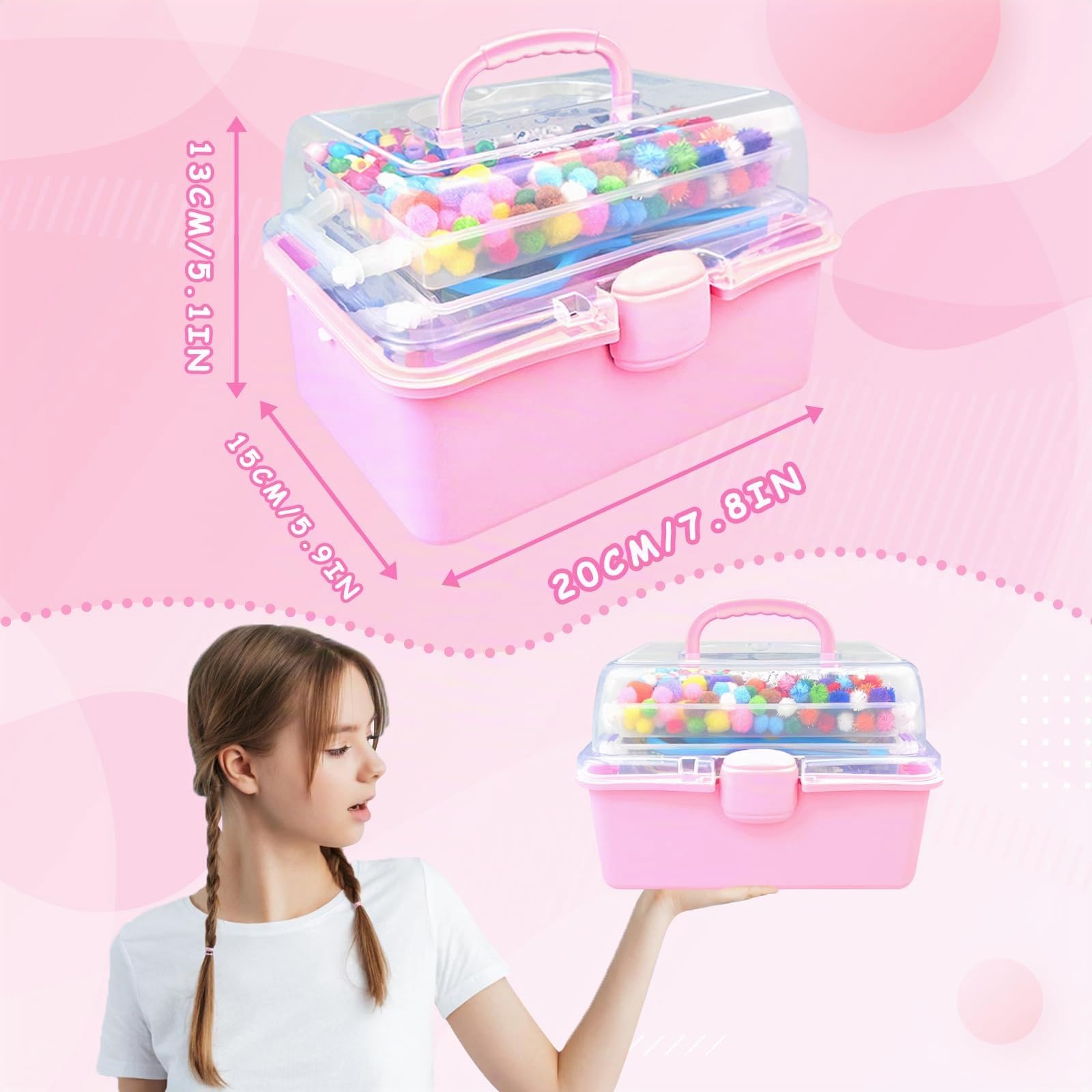 BNUZEIYI Manualidades Niños Caja de Manualidades de 3 Capas con Limpiapipas DIY Creativo Arts Crafts Supplies Material Escolar Juguetes Regalos Niñas Niños 4-8, 8-12 Años, Rosa
