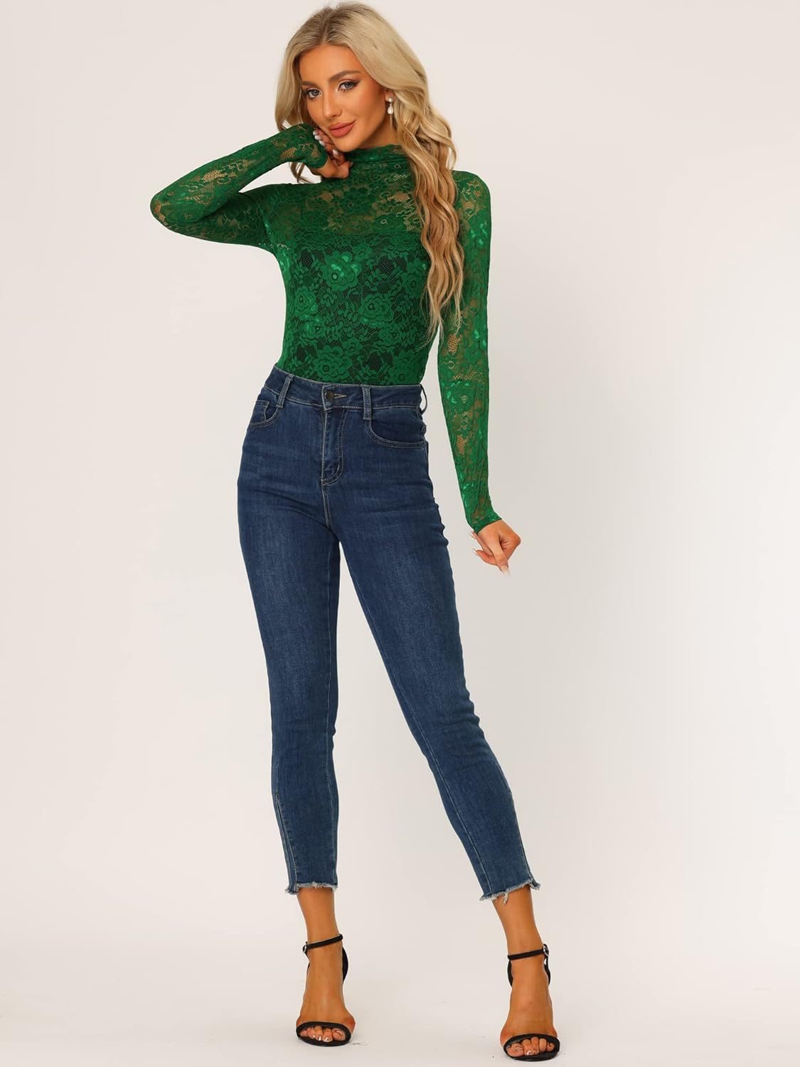 Allegra K Women's Lace Floral Embroidery Mock Turtle Neck Long Sleeve Party Slim Fit Sexy Sheer Mesh Top - Image 3