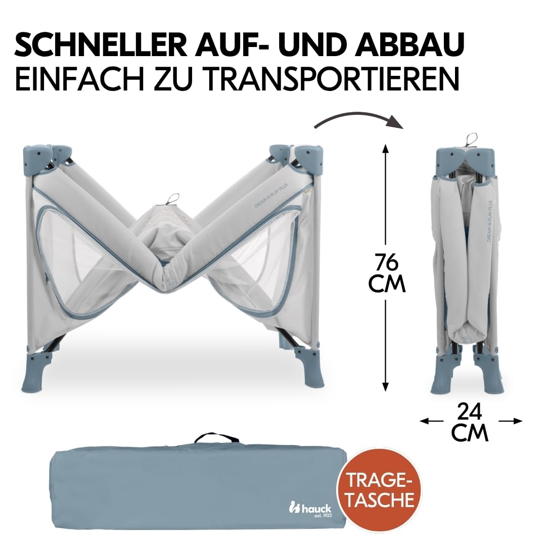 Hauck Baby Reisebett Set Dream n Play Plus inkl. Matratze & Insektenschutz – faltbares Kinder Reisebett mit großem Seiteneingang, Dusty Blue