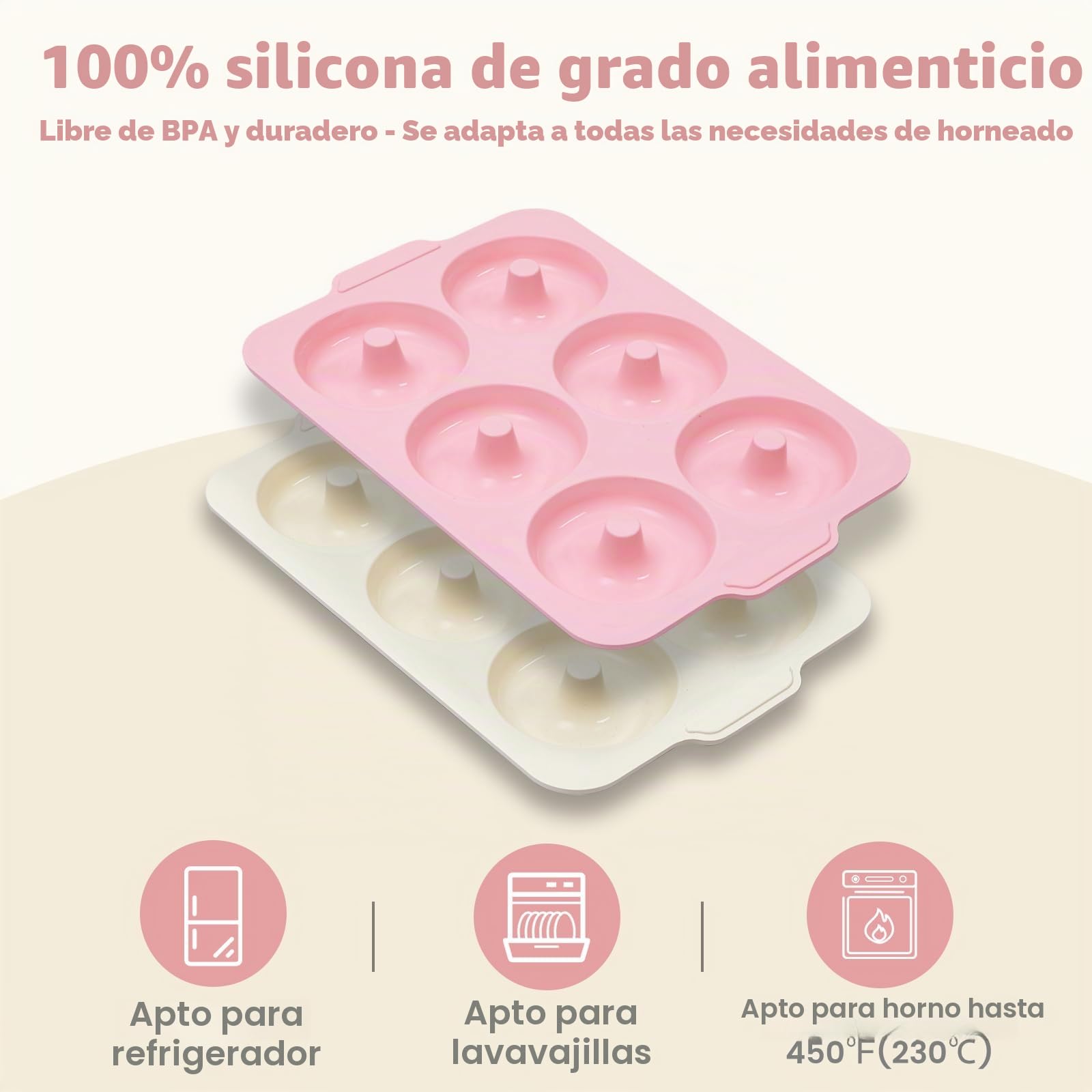 Molde para donuts de silicona 2-piezas: molde para donuts 10,2 cm | 6 cavidades y marco metálico para hornear bagels sin azúcar. Accesorio de cocina antiadherente para hornear (rosa y beige)