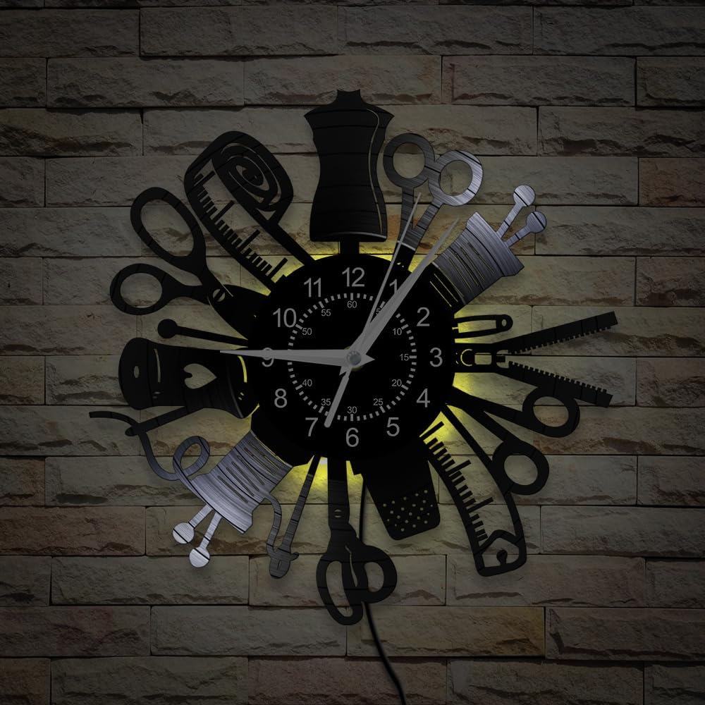 Sewing Wall Clock, 12'' 7 Colors LED Sewing Machine Quilting Vinyl Record Wall Clock Silent Non Ticking, Vintage Decorative Analog Night Light Wall Watch Clock for Tailor's Shop Tailor Gifts