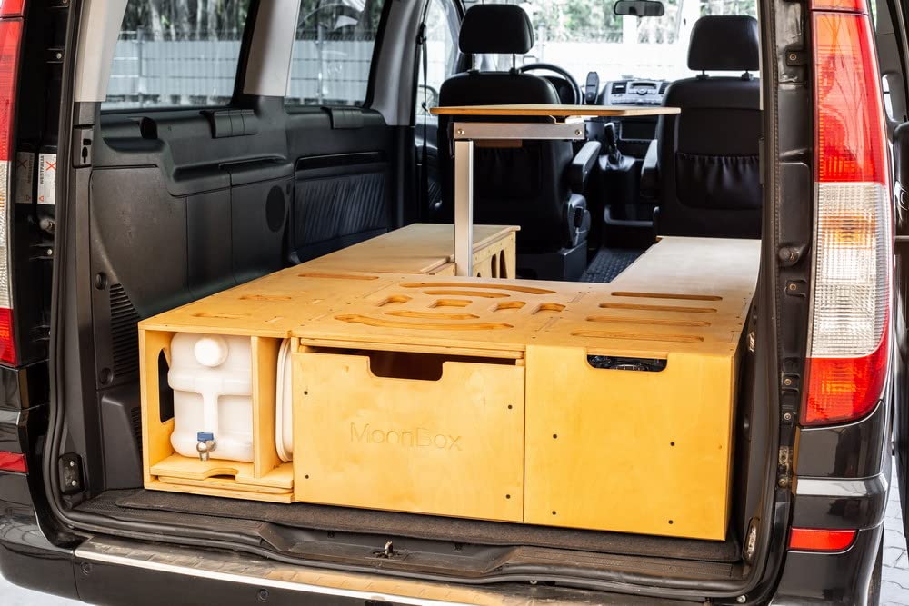 Moonbox Campingbox Modify Van/Bus 115cm Natur | mit Campingküche, Sitzplätze, Tisch, Bettfunktion/Schlafsystem | für Fahrzeuge mit Mind. 115cm Breite im Kofferraum