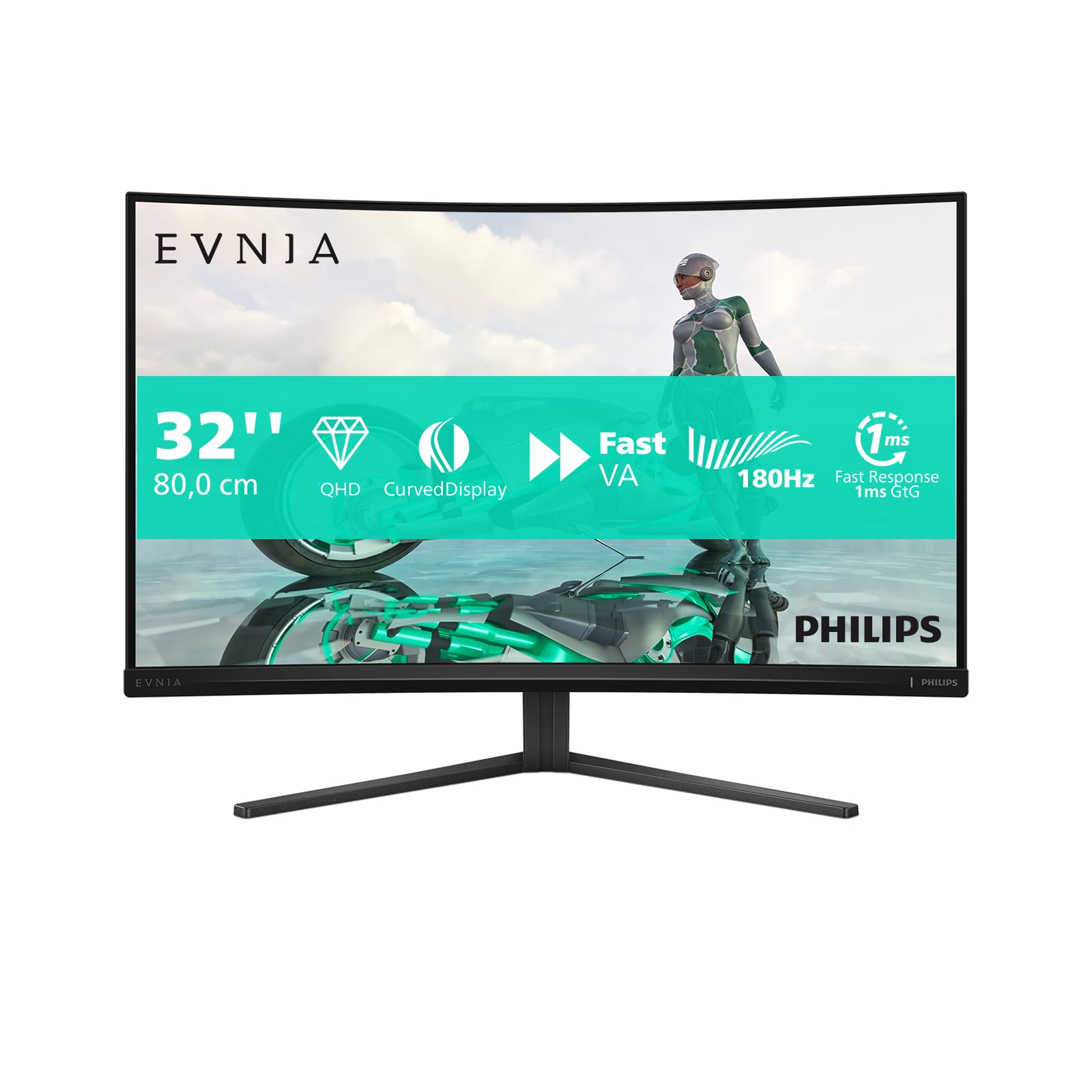 PHILIPS Evnia 32M2C3500L - Monitor gaming curvo QHD da 32 pollici, 180 Hz, 0,5 ms, FreeSync Premium, HDR10 (2560x1440, 2x HDMI, DisplayPort) grigio scuro