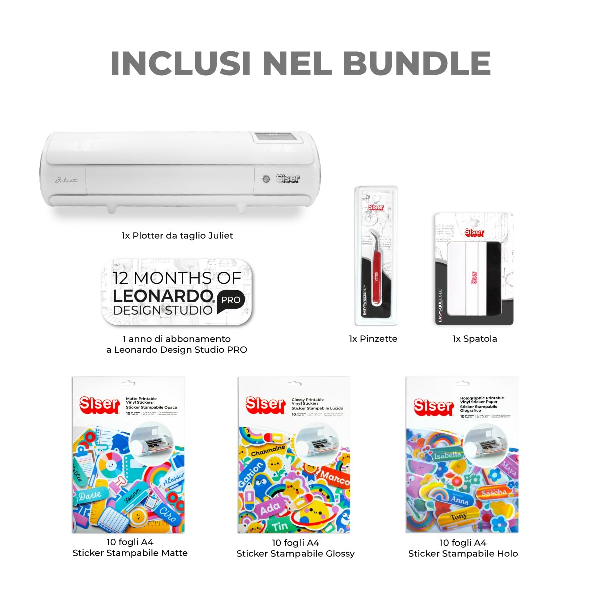 Siser Juliet® Pacchetto Print&Cut - Plotter da Taglio Professionale ad Alta Precisione con Sticker Adesivi Stampabili, Spatolina e Pinzette – Ideale per Stickers, Etichette e Creazioni DIY
