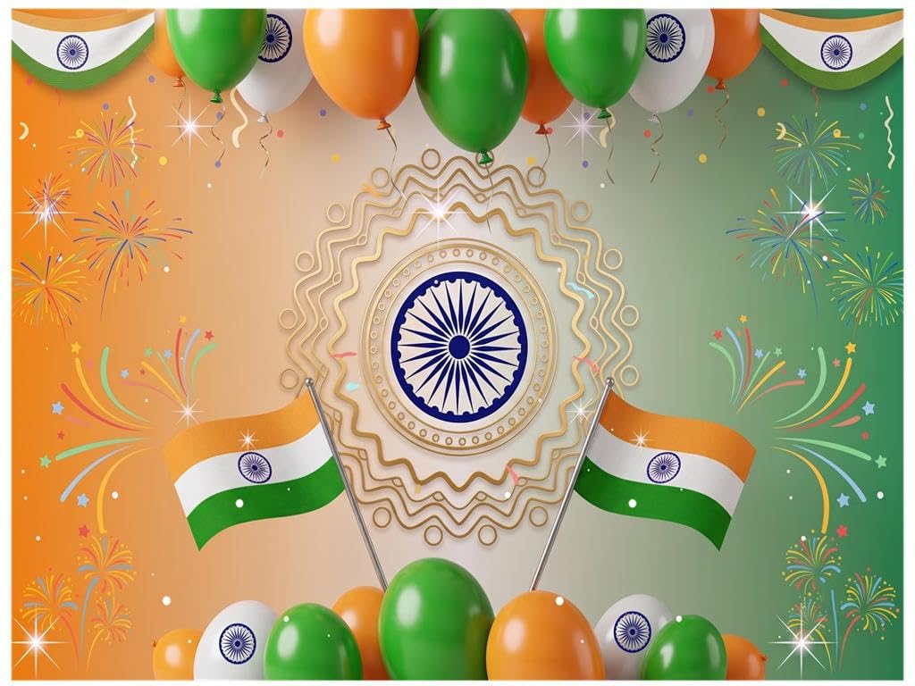 7x5 Feet Independence Day Backdrop | Indian Flag Theme Party Decoration Banner | Ashoka Chakra Tricolor Background with Balloons & Fireworks | Republic Day / 15 August Photo Booth Backdrop-image-0