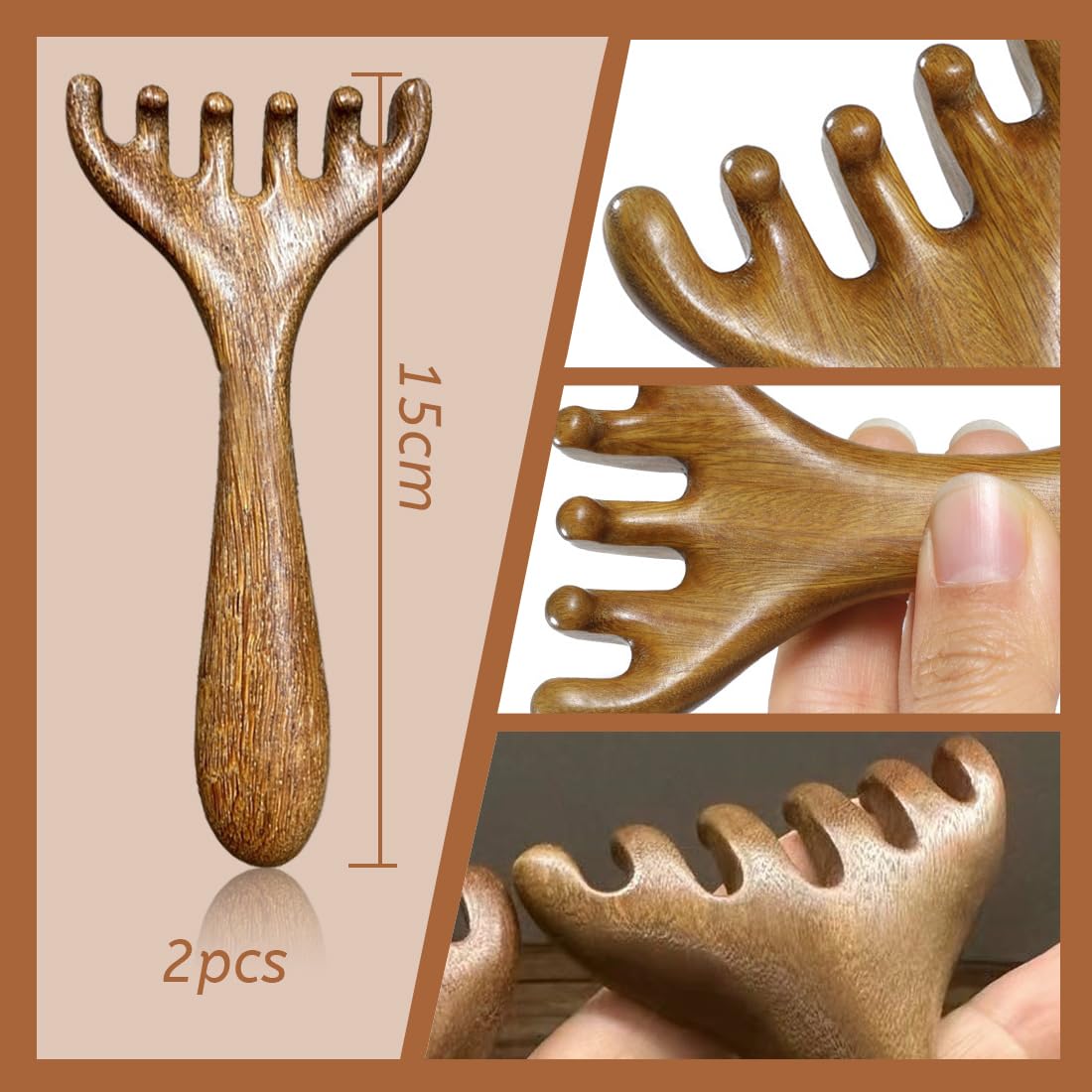 2 Pezzi Pettine per Massaggio del Cuoio Capelluto in Legno,Strumento di Massaggio Linfatico Manuale Raschiato,Pettini in Legno di Sandalo Naturale, per Spa e Relax Terapia