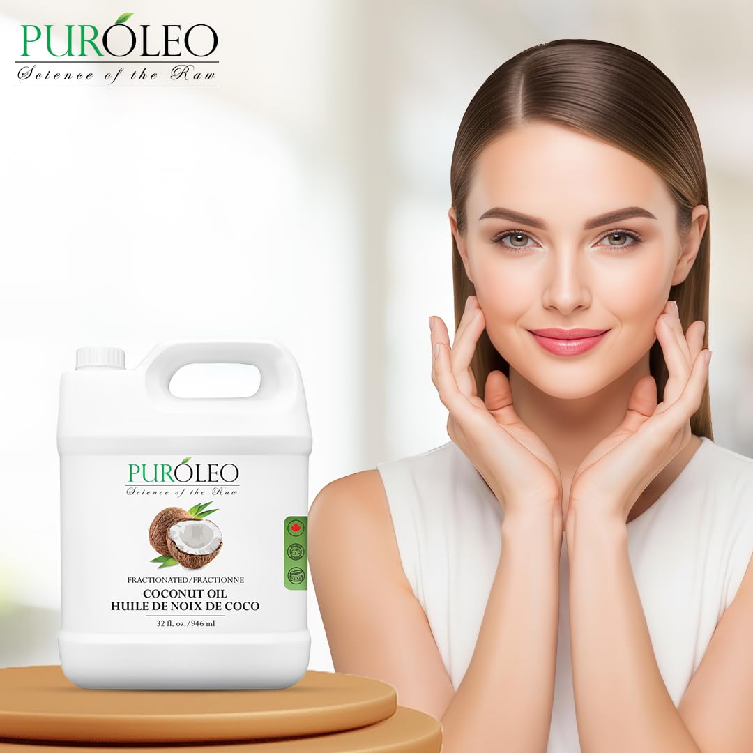 PURÓLEO Olio di cocco frazionato 100% naturale e inodore, 946 ml (prodotto in Canada) | Olio idratante e vettore | Corpo della pelle dei capelli, aromaterapia, massaggio, struccante..