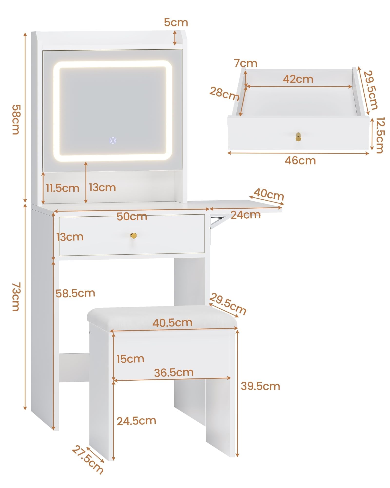 Toeletta Con Luci LED - Tavolo da Trucco Piccolo Con Sgabello, 3 Tonalità, Luminosità Regolabile, 1 Pannello Pieghevole, Specchio, Ripiani Regolabili, Bianco