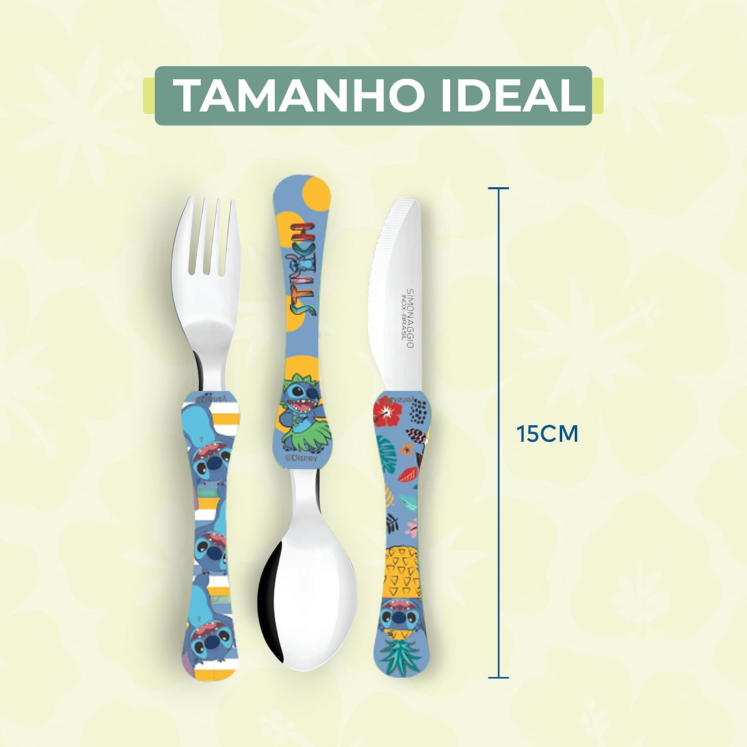 SIMONAGGIO Jogo de Talheres Infantil Disney Kids Stitch - Kit de Talheres de Aço Inox Com Cabo Plástico Para Bebês - Azul & verde - 3 Peças SIMONAGGIO Jogo de Talheres Infantil Disney Kids Stitch - Kit de Talheres de Aço Inox Com Cabo Plástico Para Bebês - Azul & verde - 3 Peças