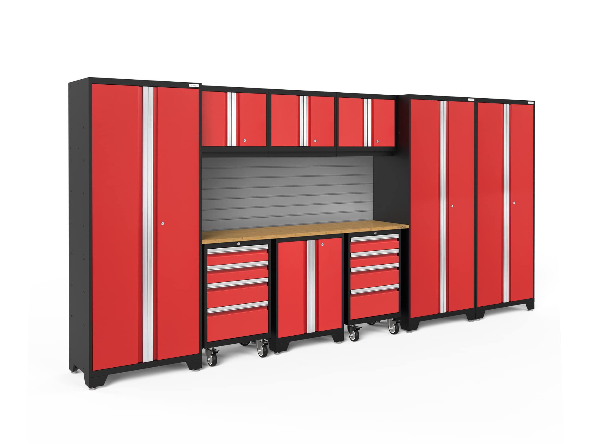 NewAge Products Red Bold Series 10PC Garage Cabinetry Set · 24-Gauge Steel · Fully Welded · 162" W x 18" D x 76.75" H, 56385