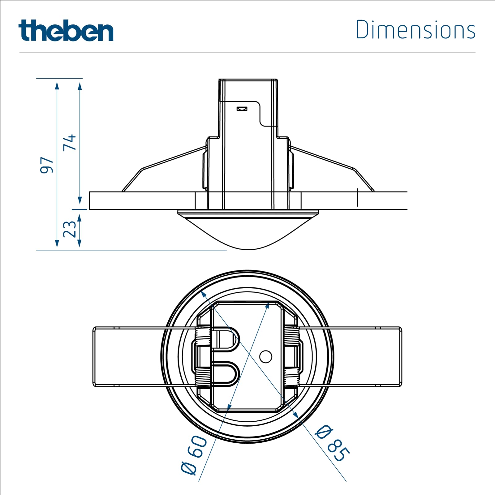 Theben 1030560 theMova S360-100 DE rilevatore di movimento PIR 360° 8 m | incasso a soffitto, 1 canale, 250 W LED, IP 54, 10 s - 60 min, misurazione luce mista, Teach-in, preimpostato, bianco