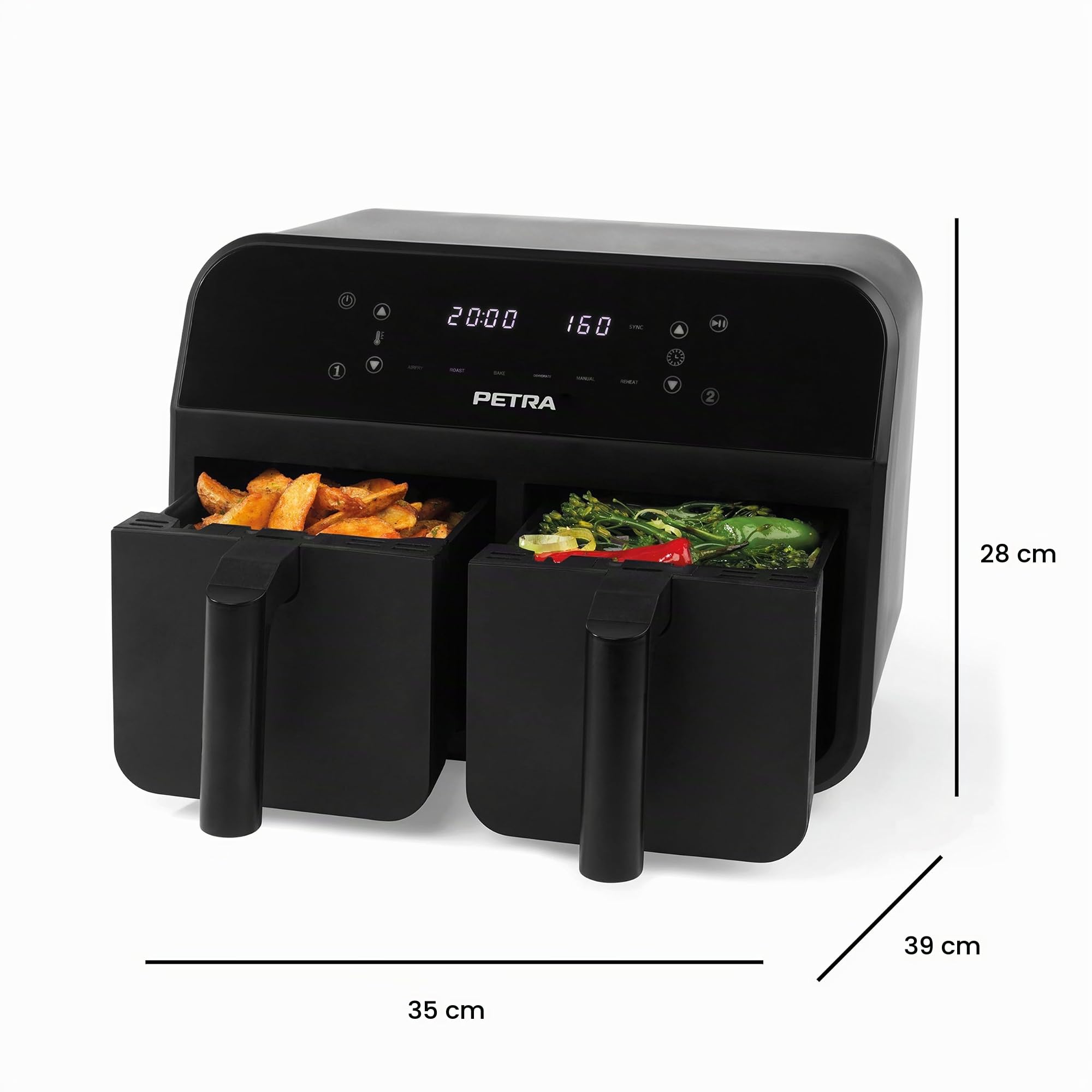 Petra PT4750BLKVDE - Friggitrice ad aria da 7,4 l, doppio cestello rimovibile, funzioni di cottura Sync e Match, 2 vassoi XL per cottura indipendente, display LED digitale, 6 programmi, 2400 W.
